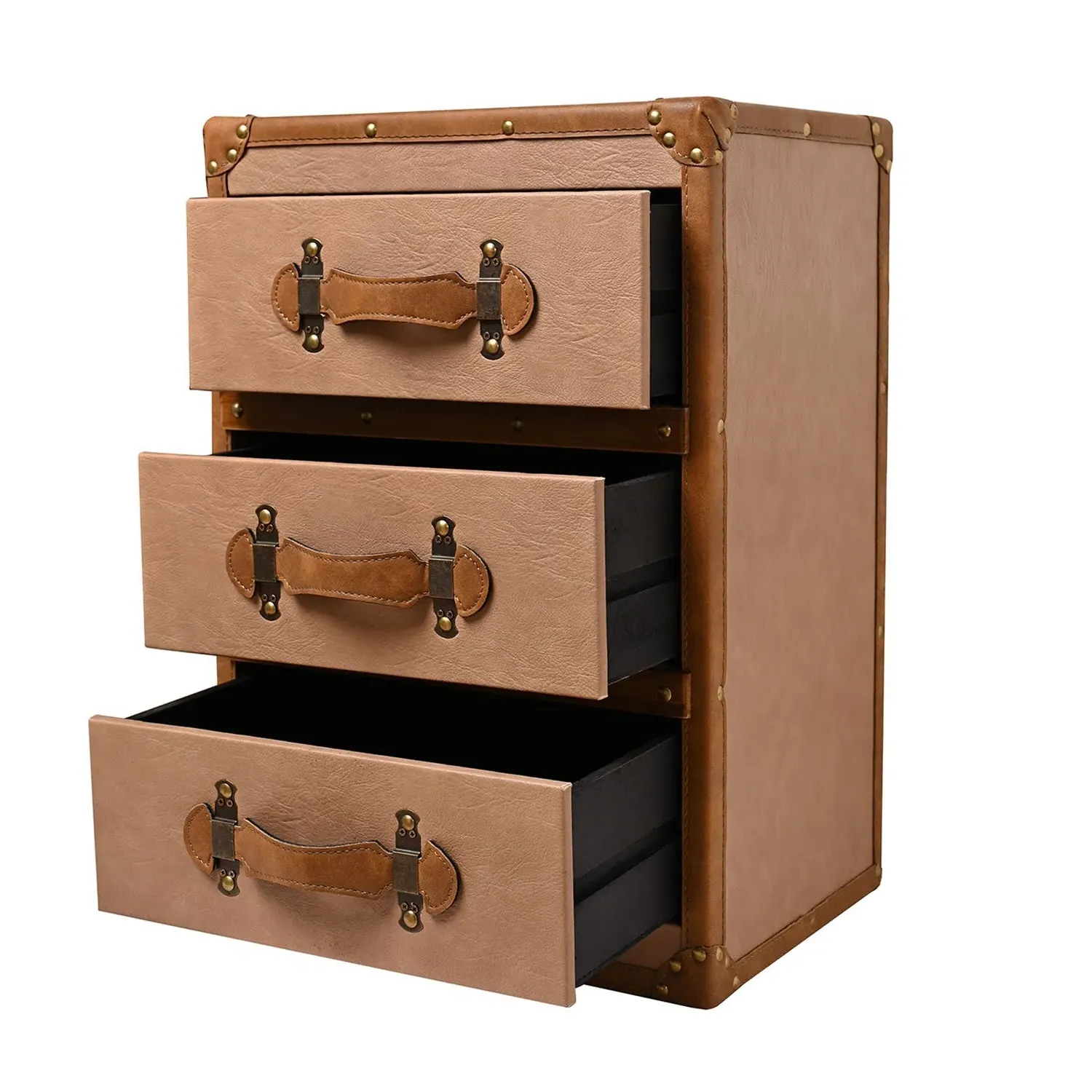 3-Drawer Storage Box with Handles - Brown, PU Leather