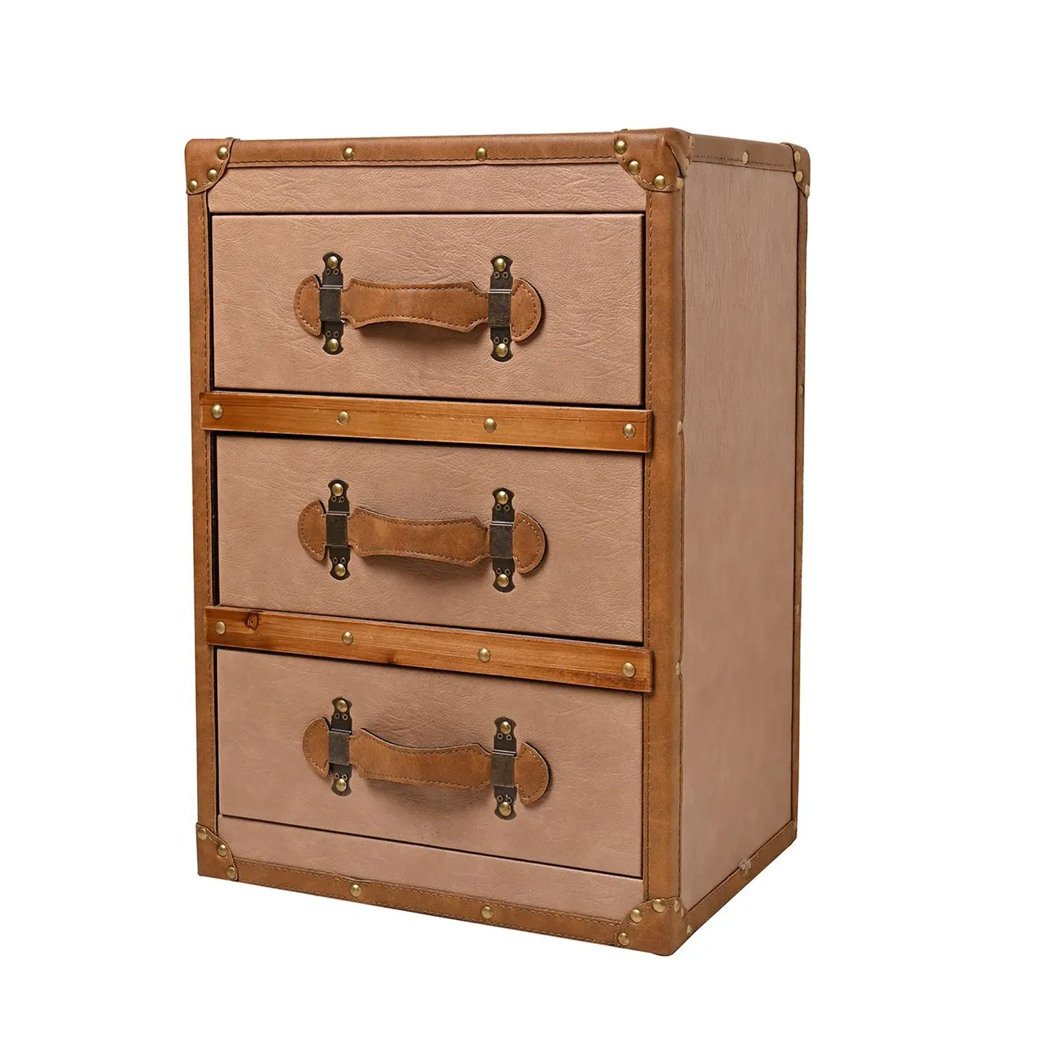 3-Drawer Storage Box with Handles - Brown, PU Leather