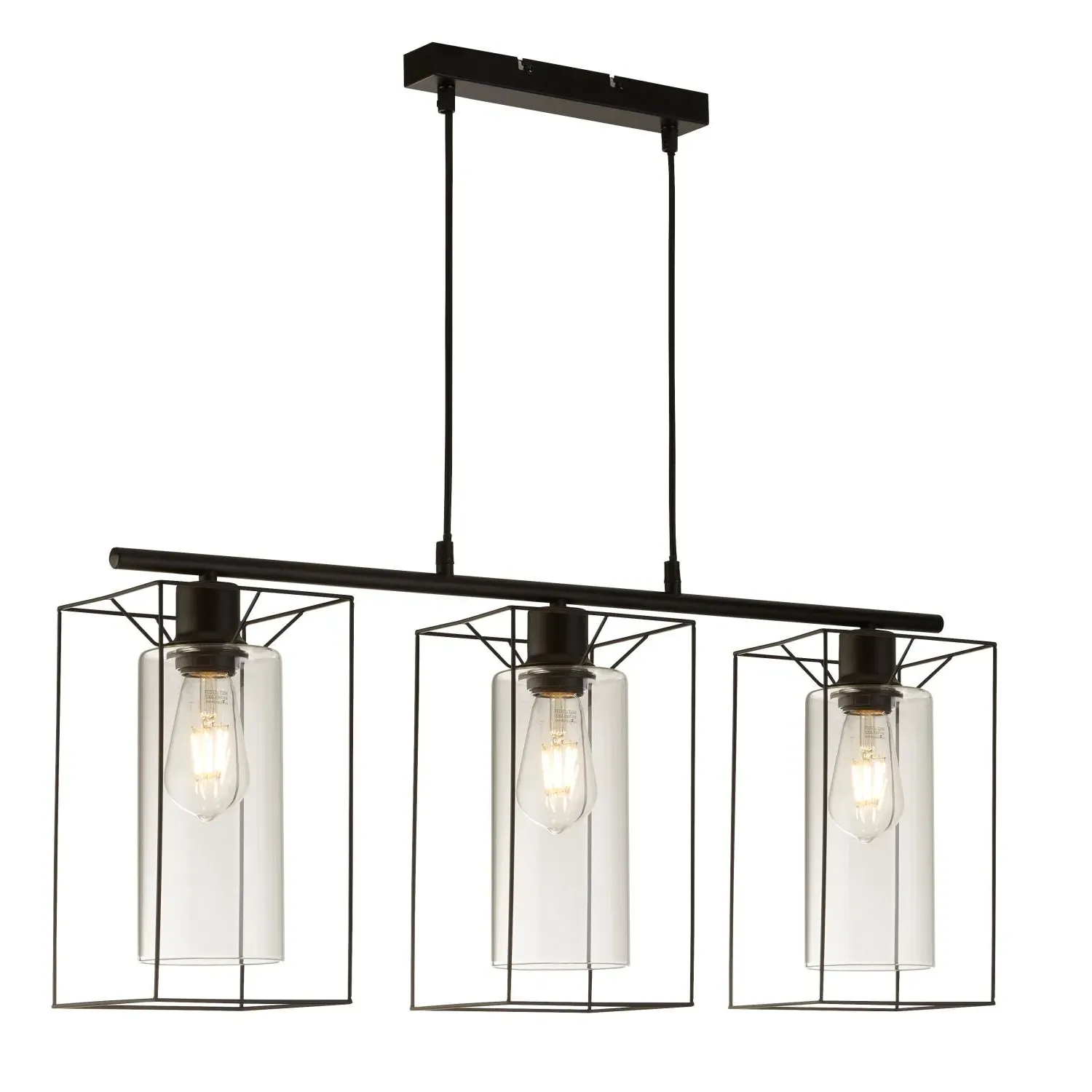 3-Light Bar Pendant - Black Frame, Clear Glass