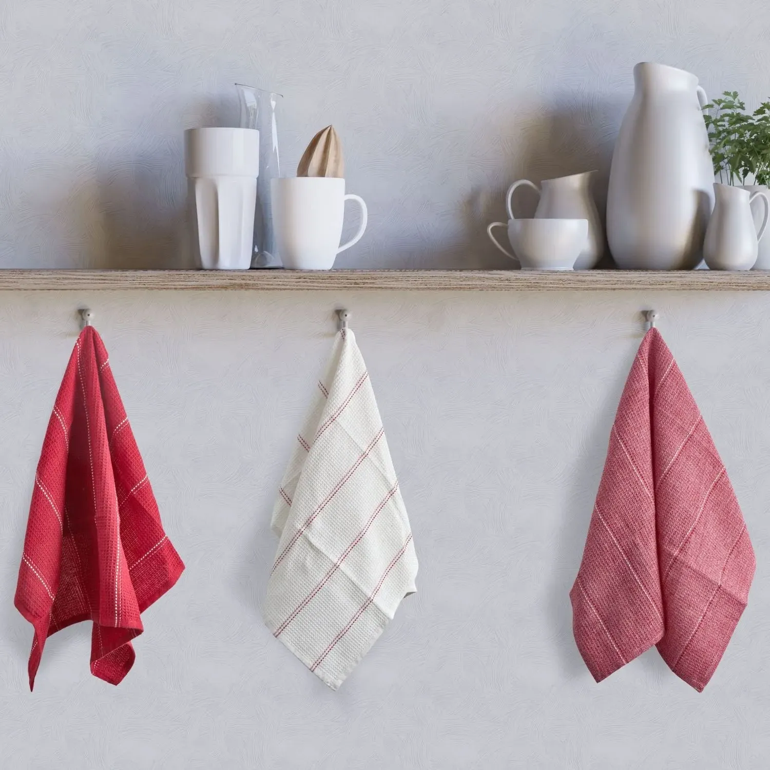 3-Pack Tea Towel Set - Red, Cotton