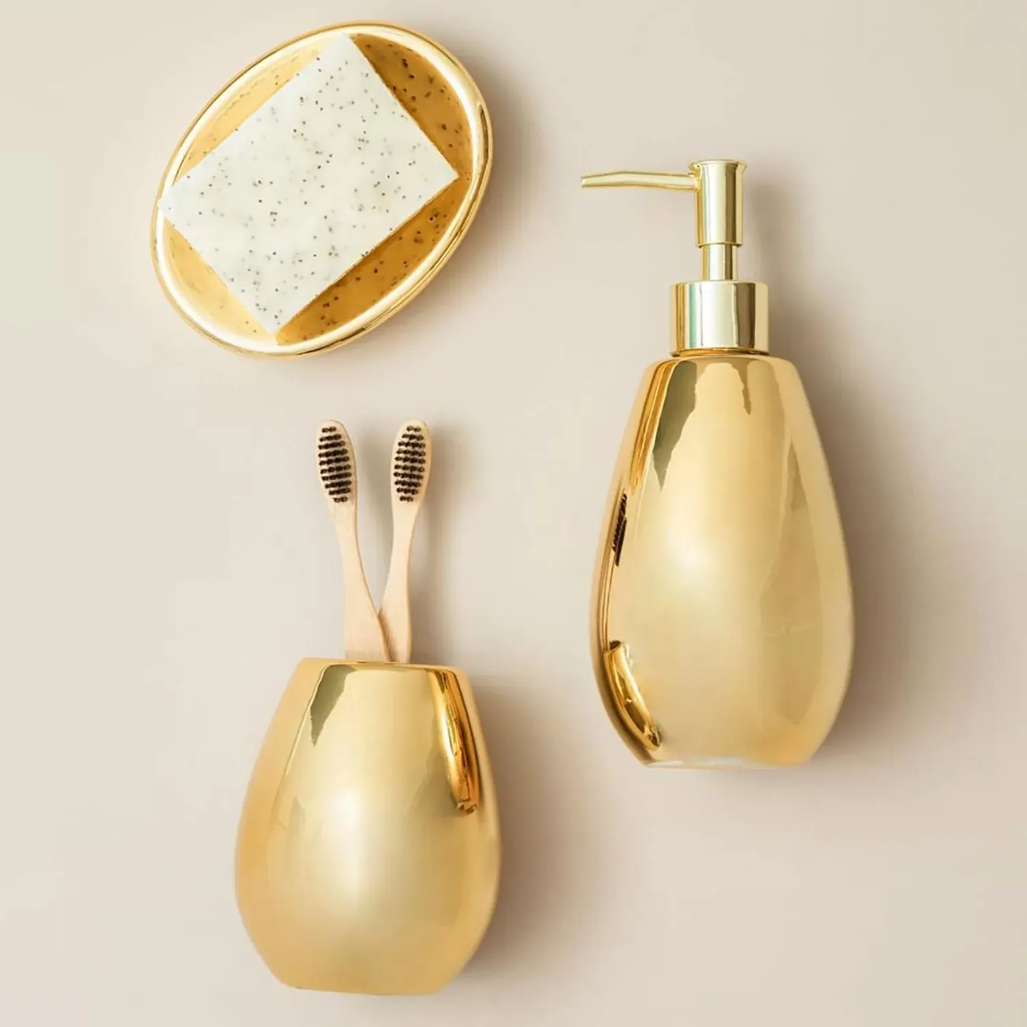 3-Piece Bathroom Set with Dispenser - Gold, Ceramic