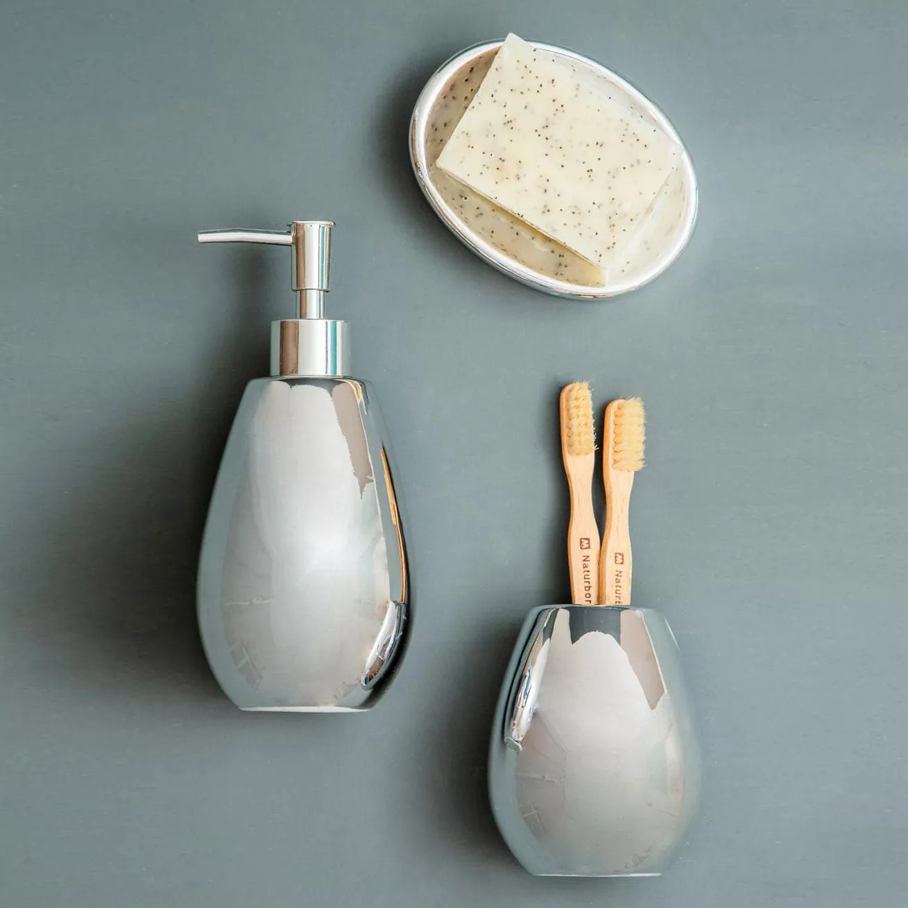 3-Piece Bathroom Set with Dispenser - Silver, Ceramic