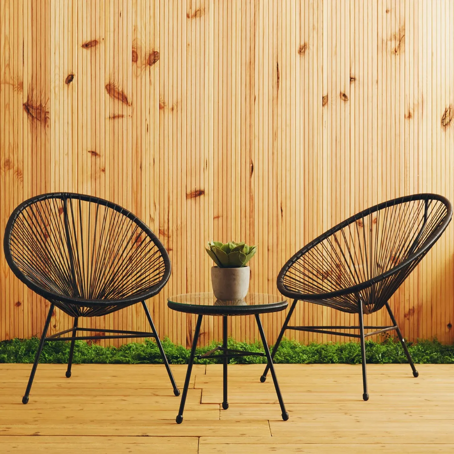 3-Piece Bistro Set with Steel Base - Black, Rattan