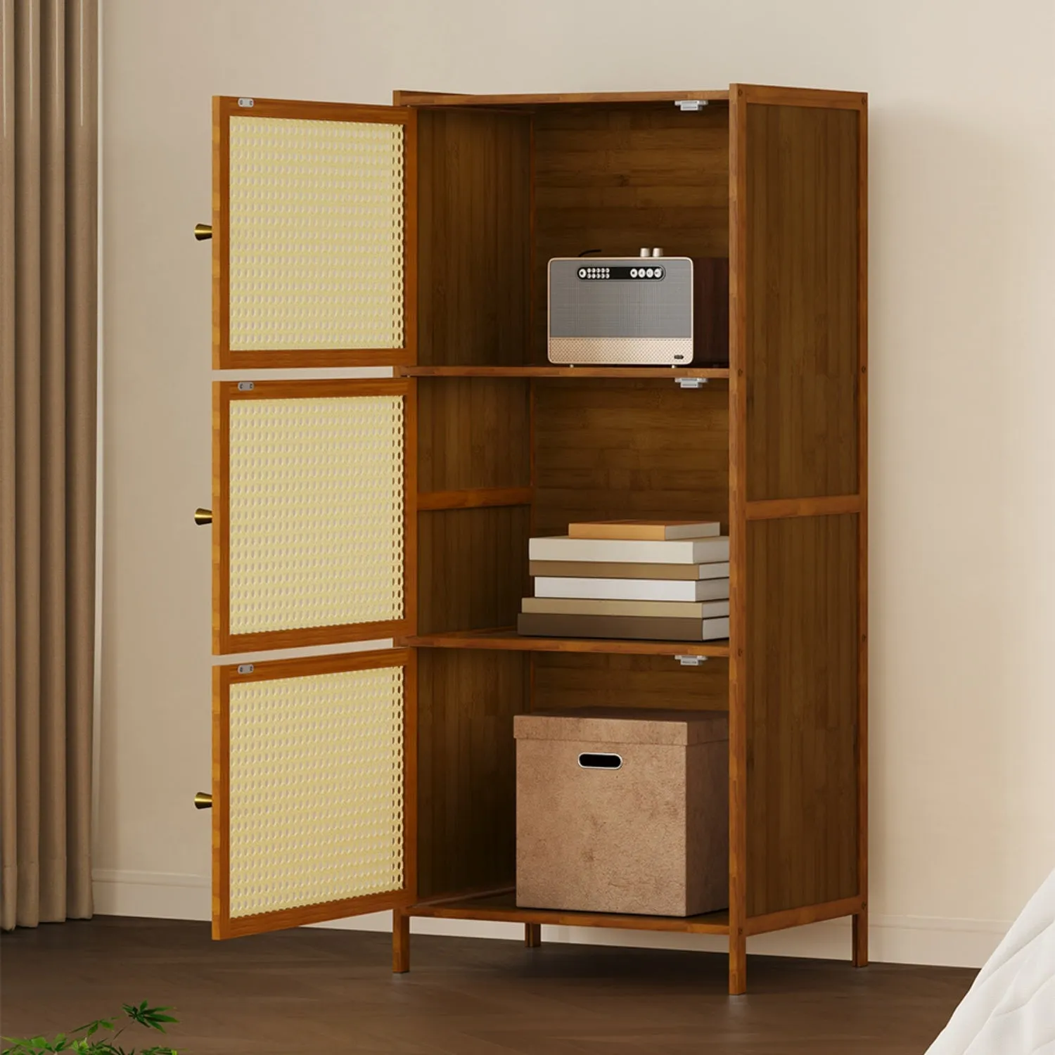 3-Tier Bookcase with Faux Rattan Doors - Brown alternate view