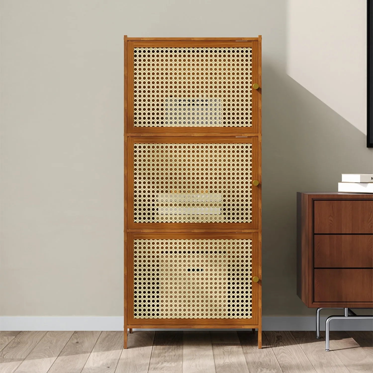 3-Tier Bookcase with Faux Rattan Doors - Brown product