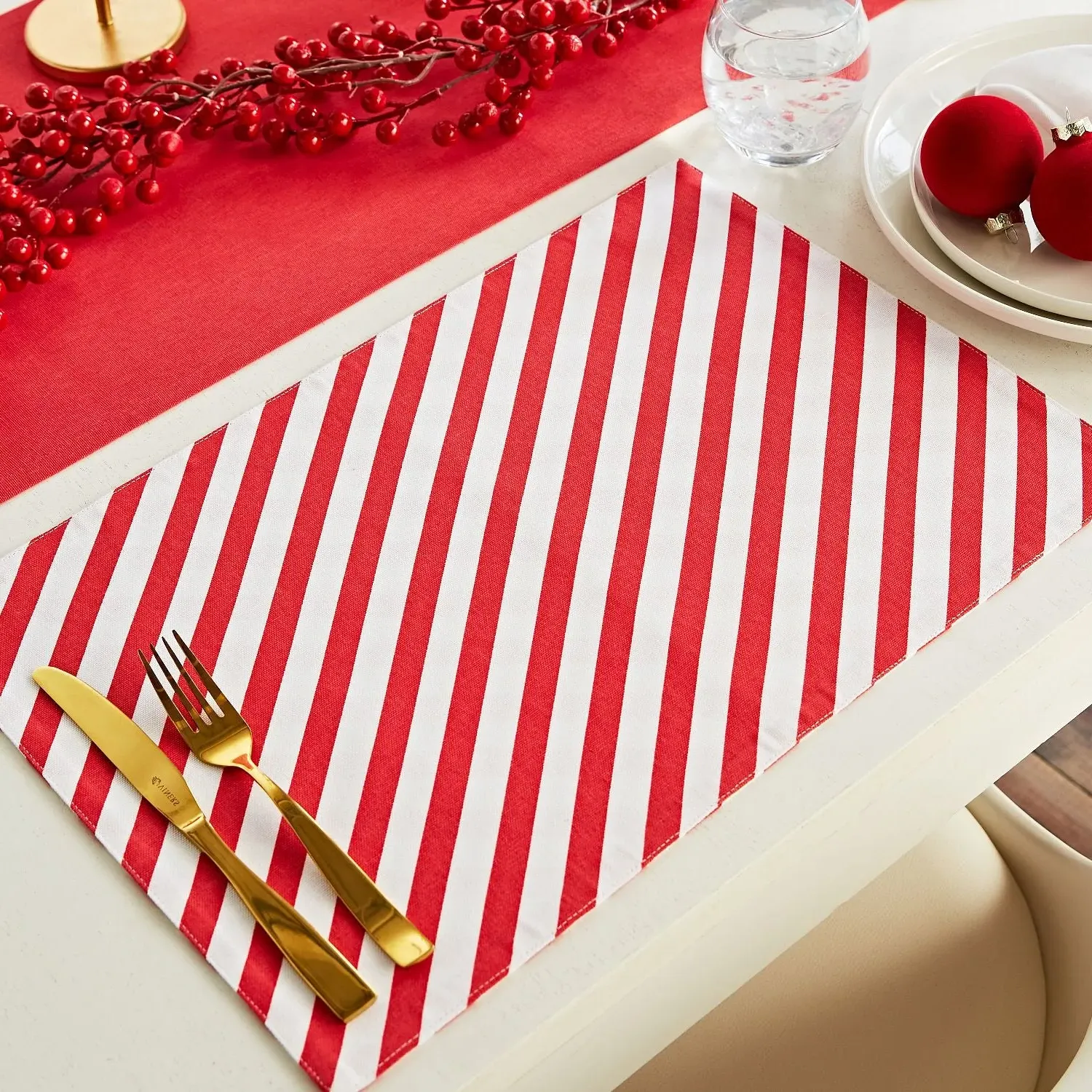 4-Pack Placemats Candy Cane Design - Red, Cotton