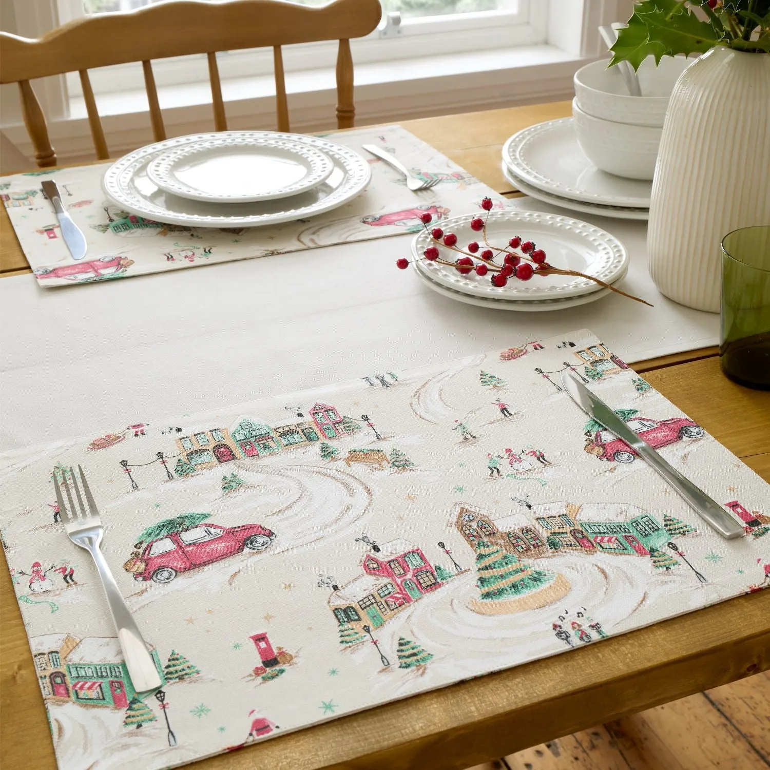 4-Pack Placemats Christmas Print - Natural, Cotton