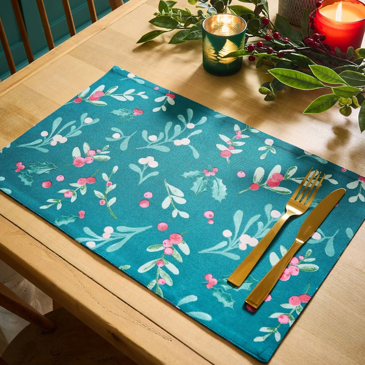 4-Pack Placemats Holly Design - Green, Cotton