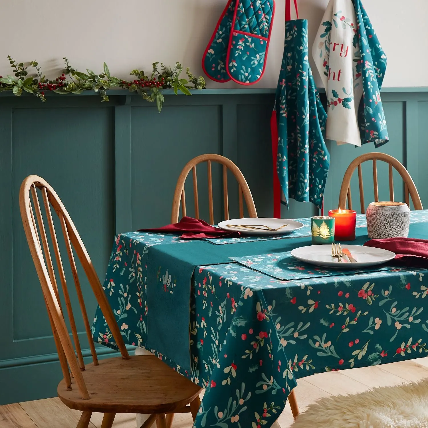 4-Pack Placemats Holly Design - Green, Cotton