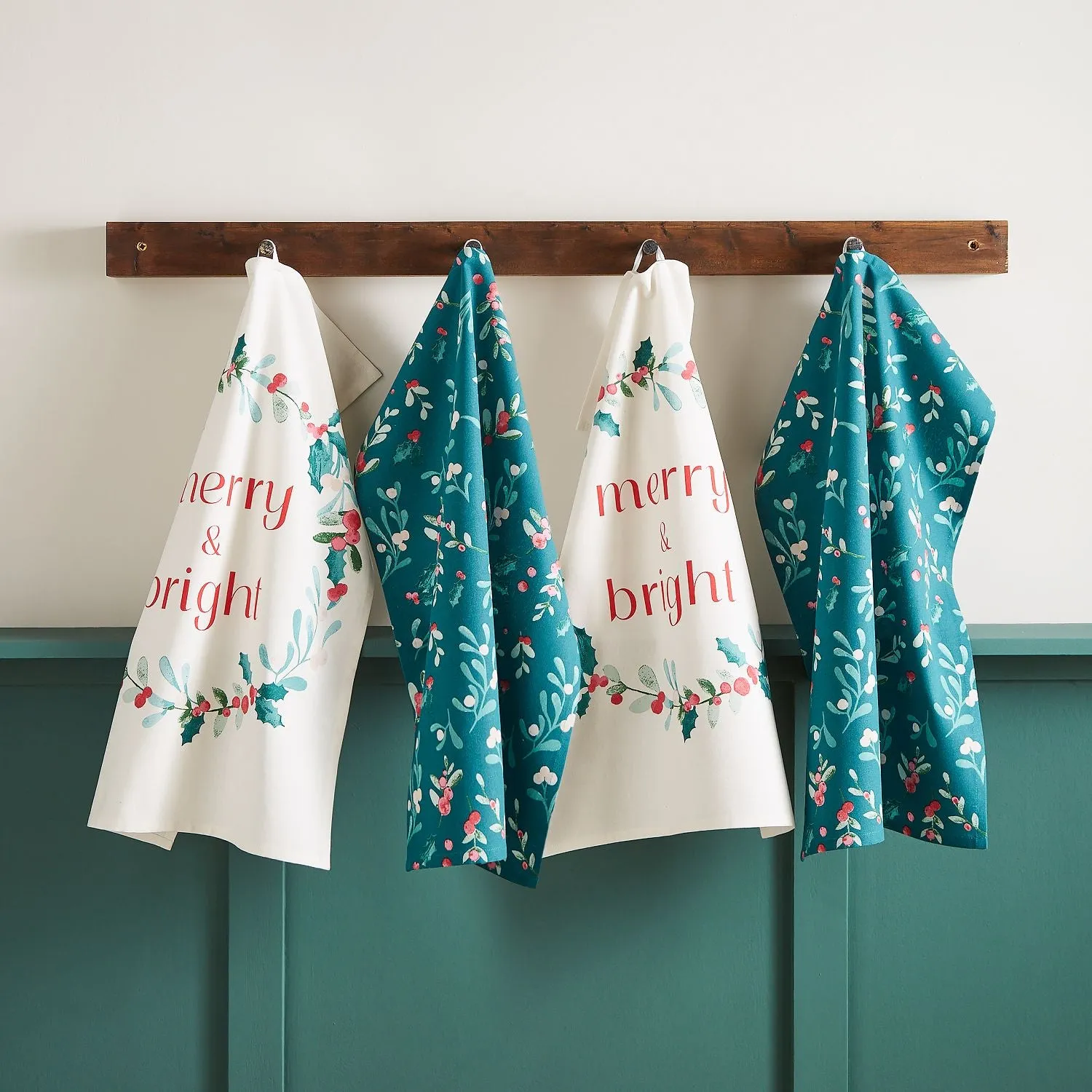 4-Pack Tea Towels Christmas Design - Green, Cotton