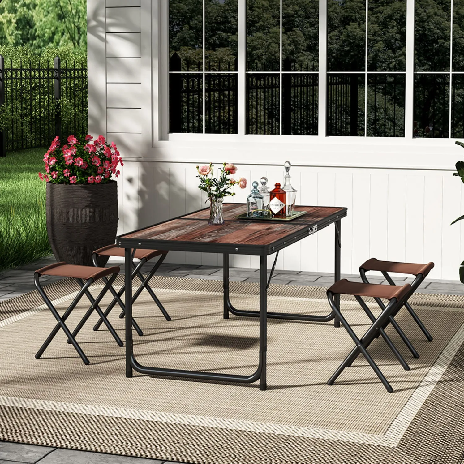 4-Seater Foldable Outdoor Picnic Table Set with Stools - Brown alternate view