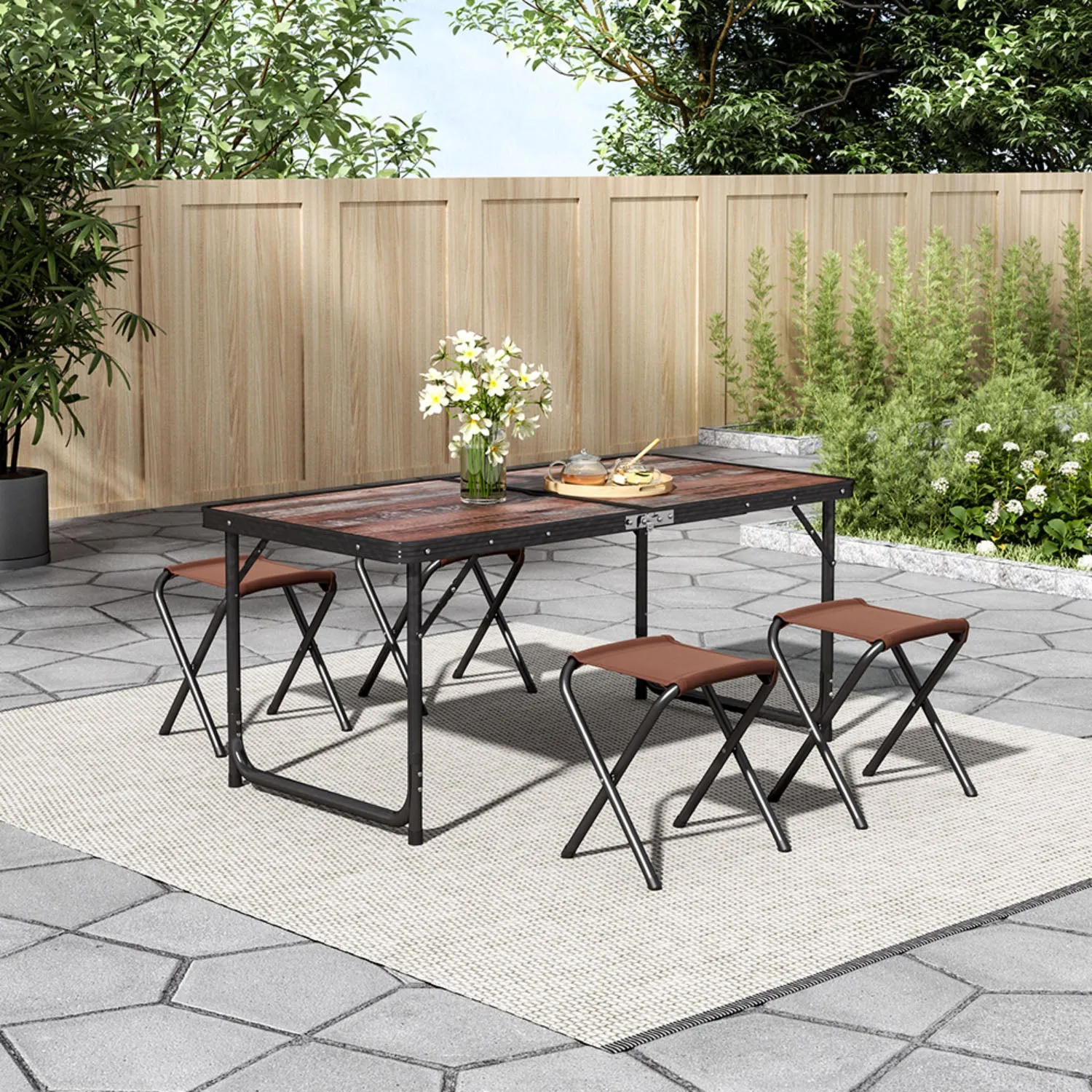 4-Seater Foldable Outdoor Picnic Table Set with Stools - Brown product