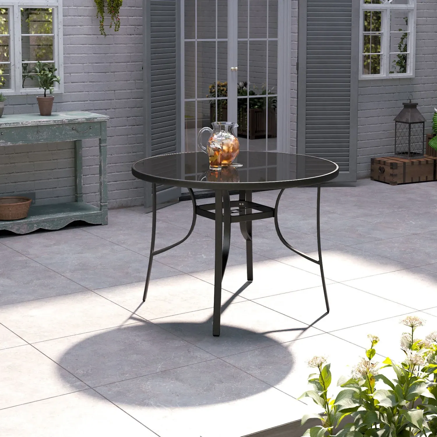 4-Seater Round Garden Table with Parasol Hole - Black, Wrought Iron product