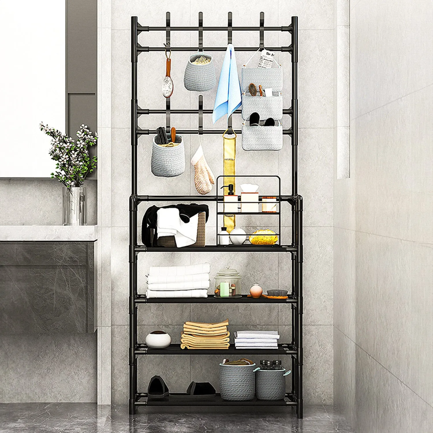 4-Tier Shoe Rack with Coat Hanger - Black by Julian Charles, alternate view