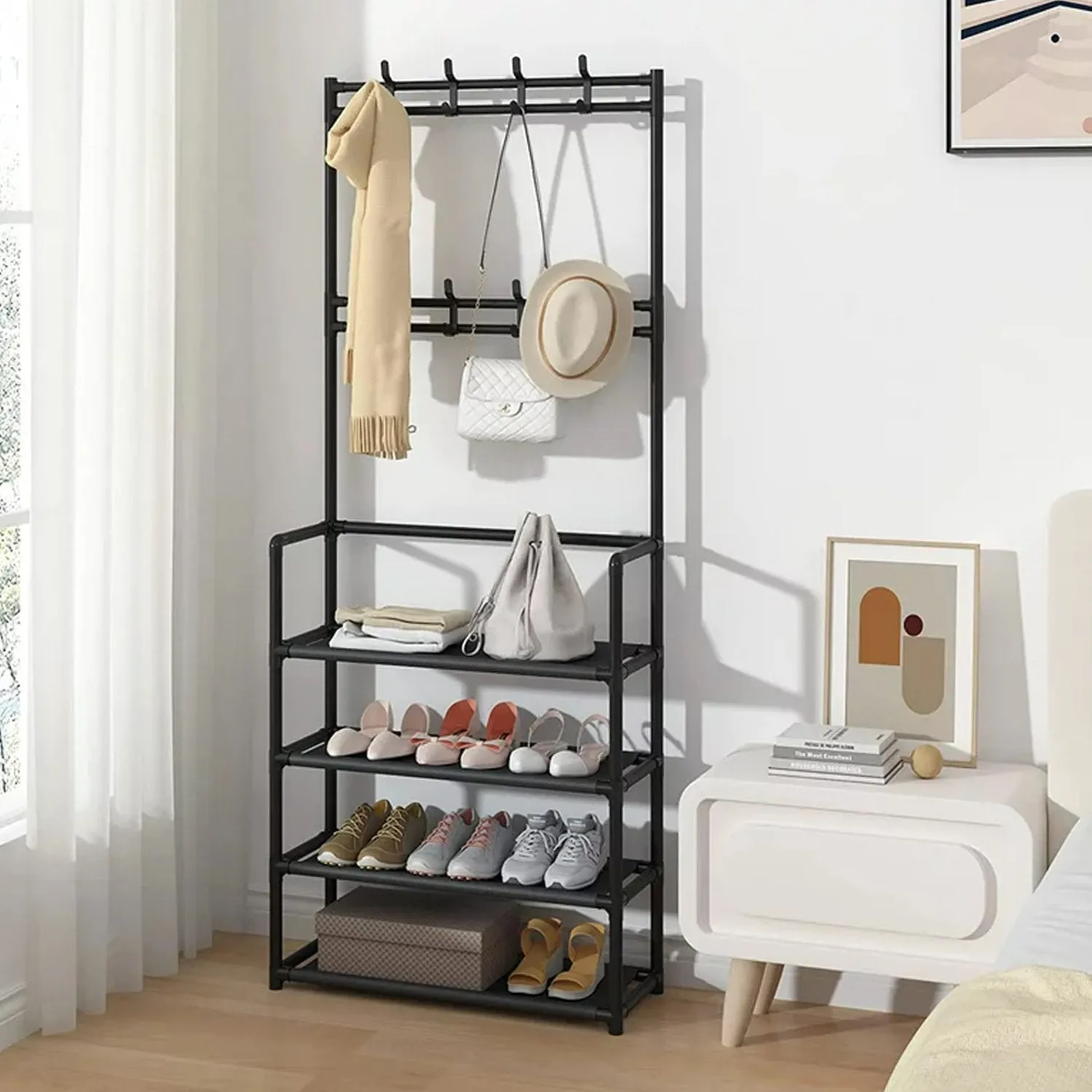 4-Tier Shoe Rack with Coat Hanger - Black by Julian Charles