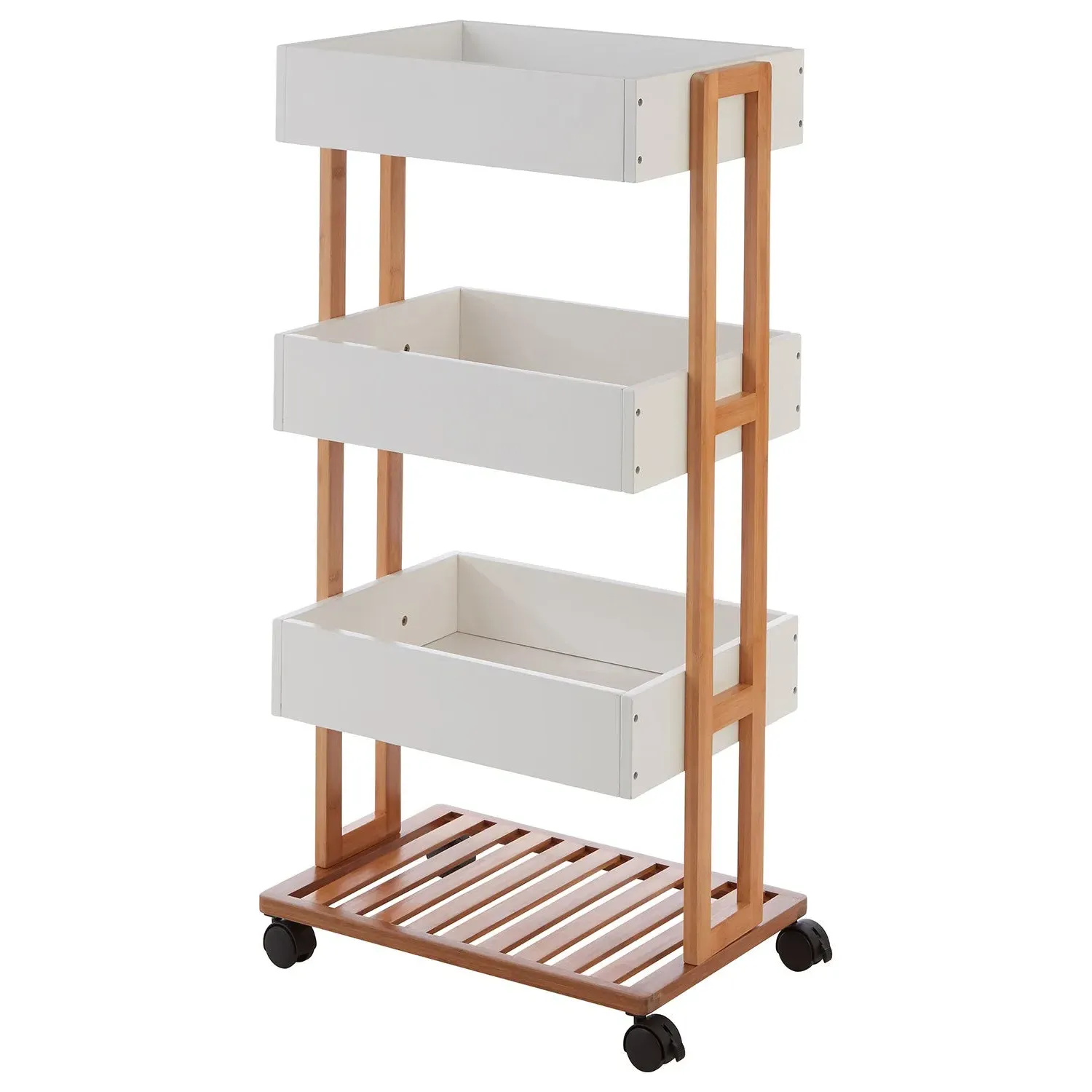 4-Tier Storage Trolley with Wheels - White, Bamboo