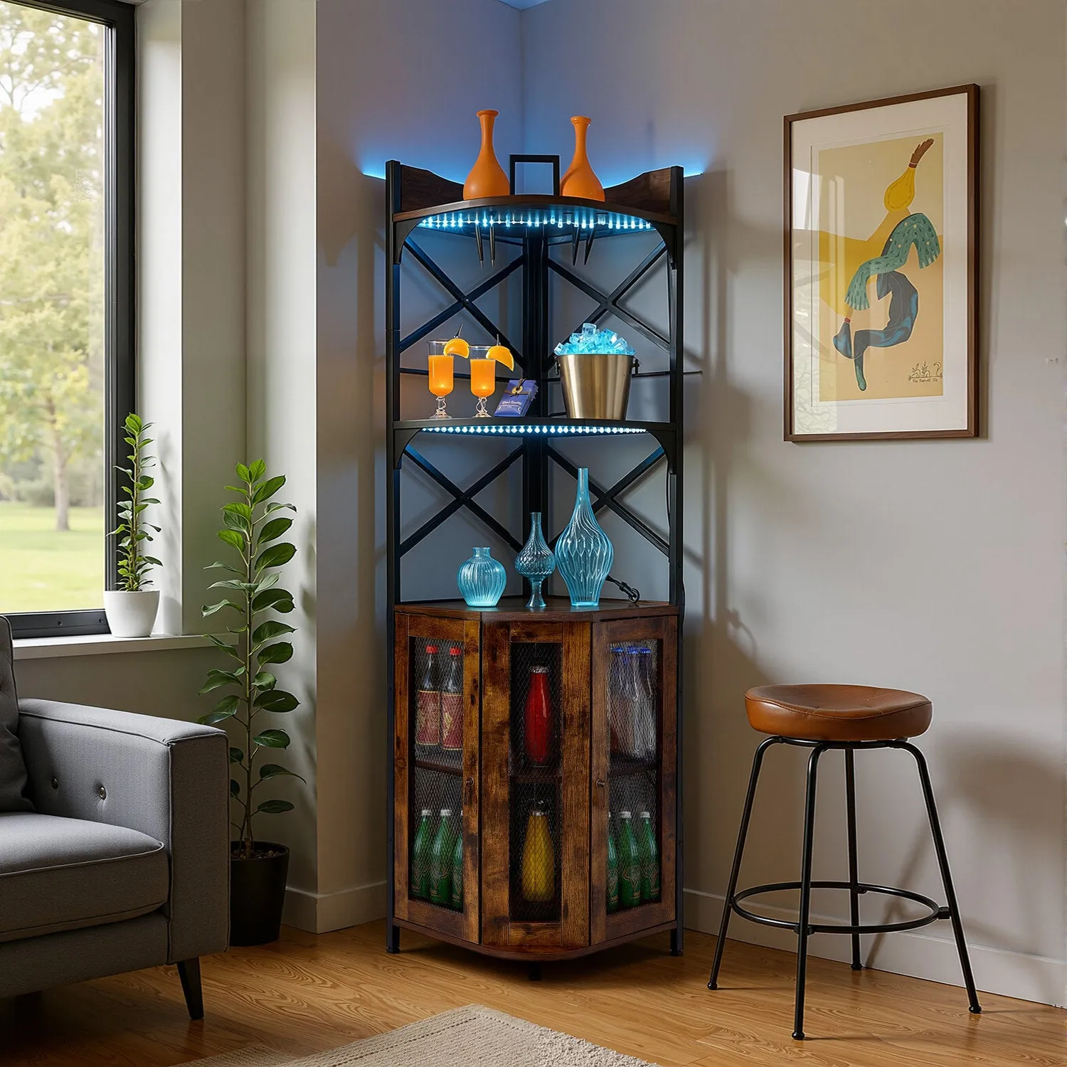 5-Tier Corner Bar Cabinet with RGB LED - Dark Brown by Julian Charles, alternate view