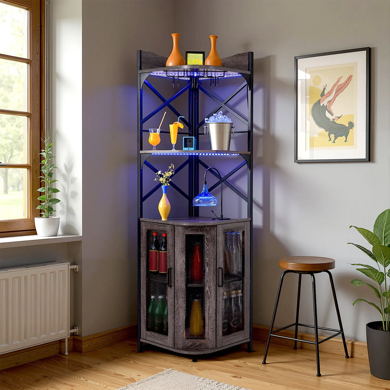 5-Tier Corner Bar Cabinet with RGB LED Lights - Grey by Julian Charles, alternate view