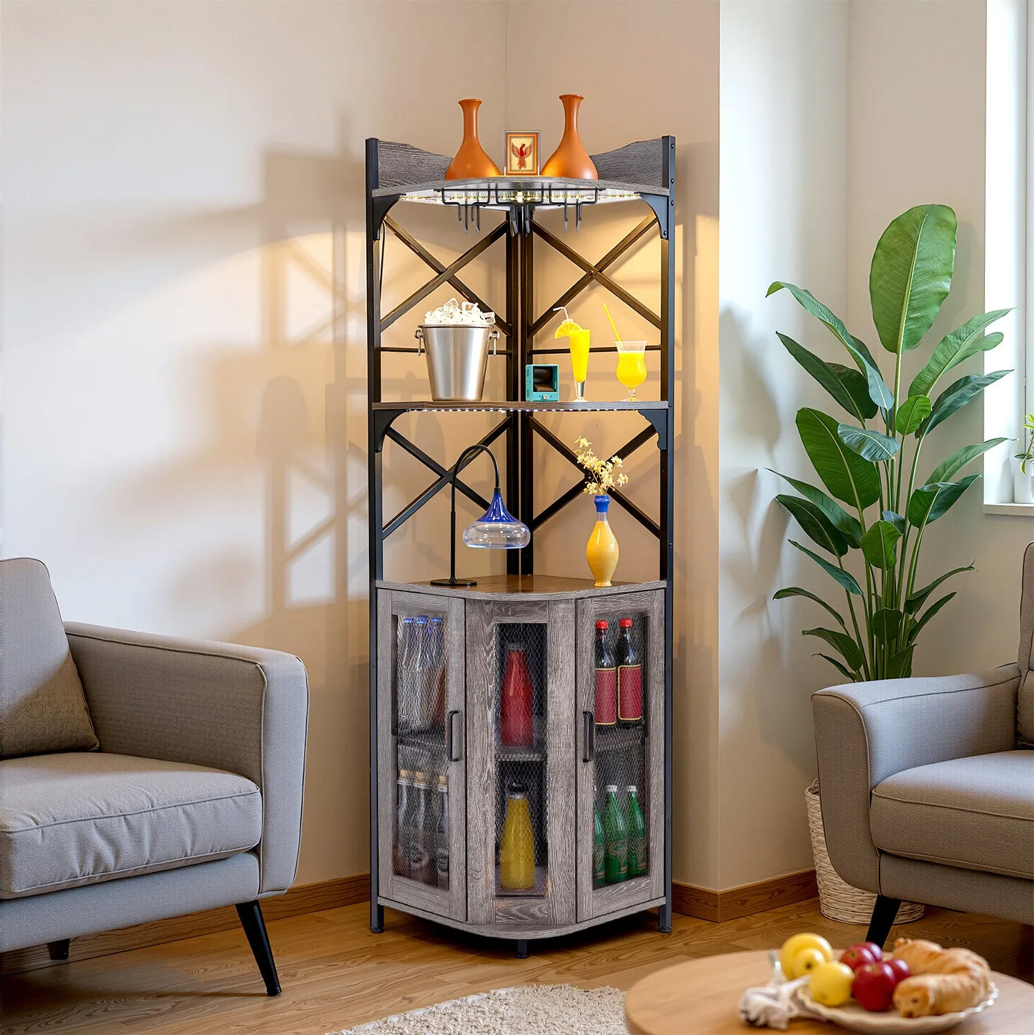 5-Tier Corner Bar Cabinet with RGB LED Lights - Grey by Julian Charles