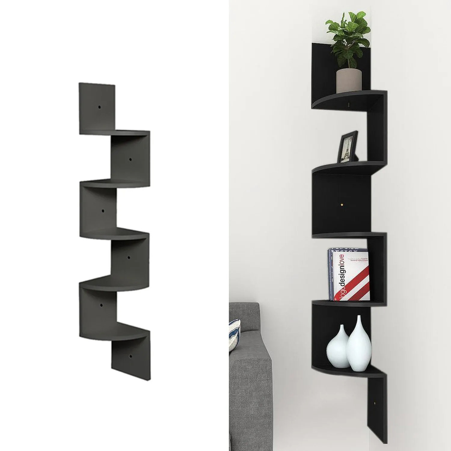 5-Tier Zigzag Floating Corner Shelf - Black, Wood by Julian Charles, alternate view