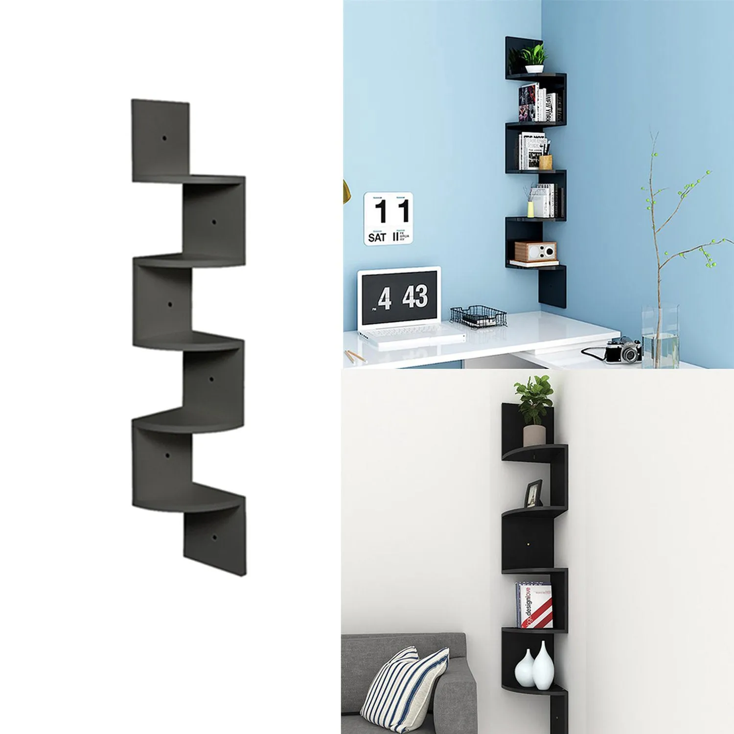 5-Tier Zigzag Floating Corner Shelf - Black, Wood by Julian Charles