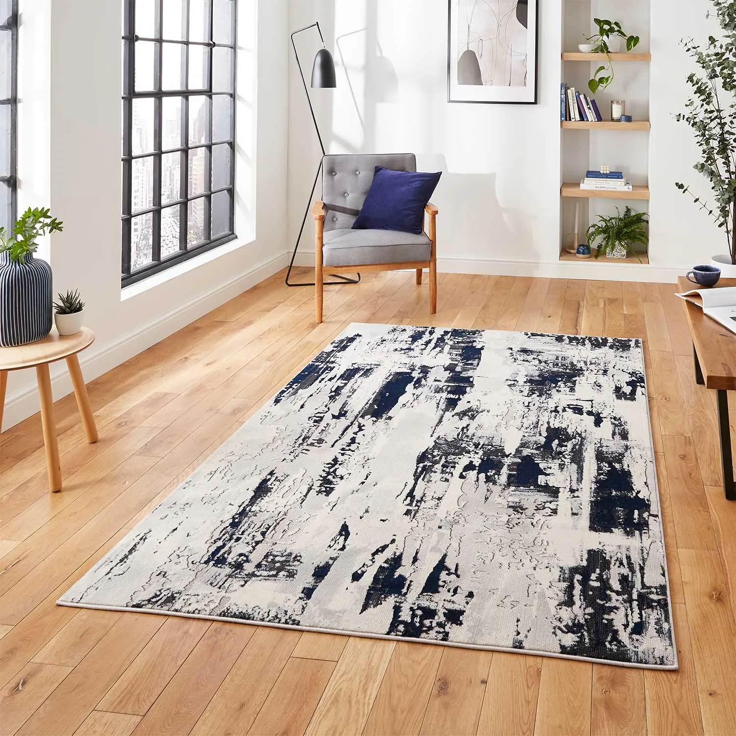 Abstract Pattern Rug - Grey/Navy, Polypropylene