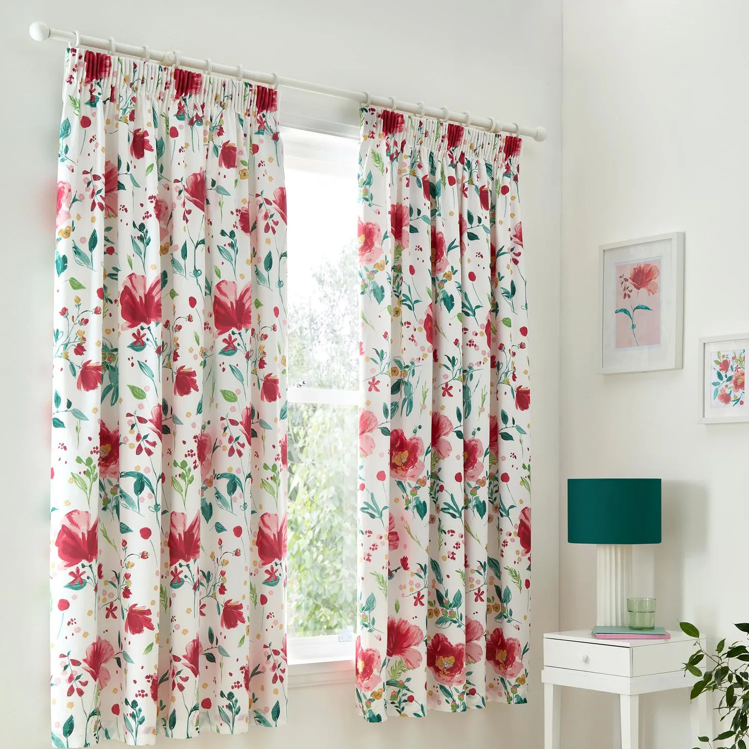 Abstract Poppy Lined Pencil Pleat Curtains - Red product