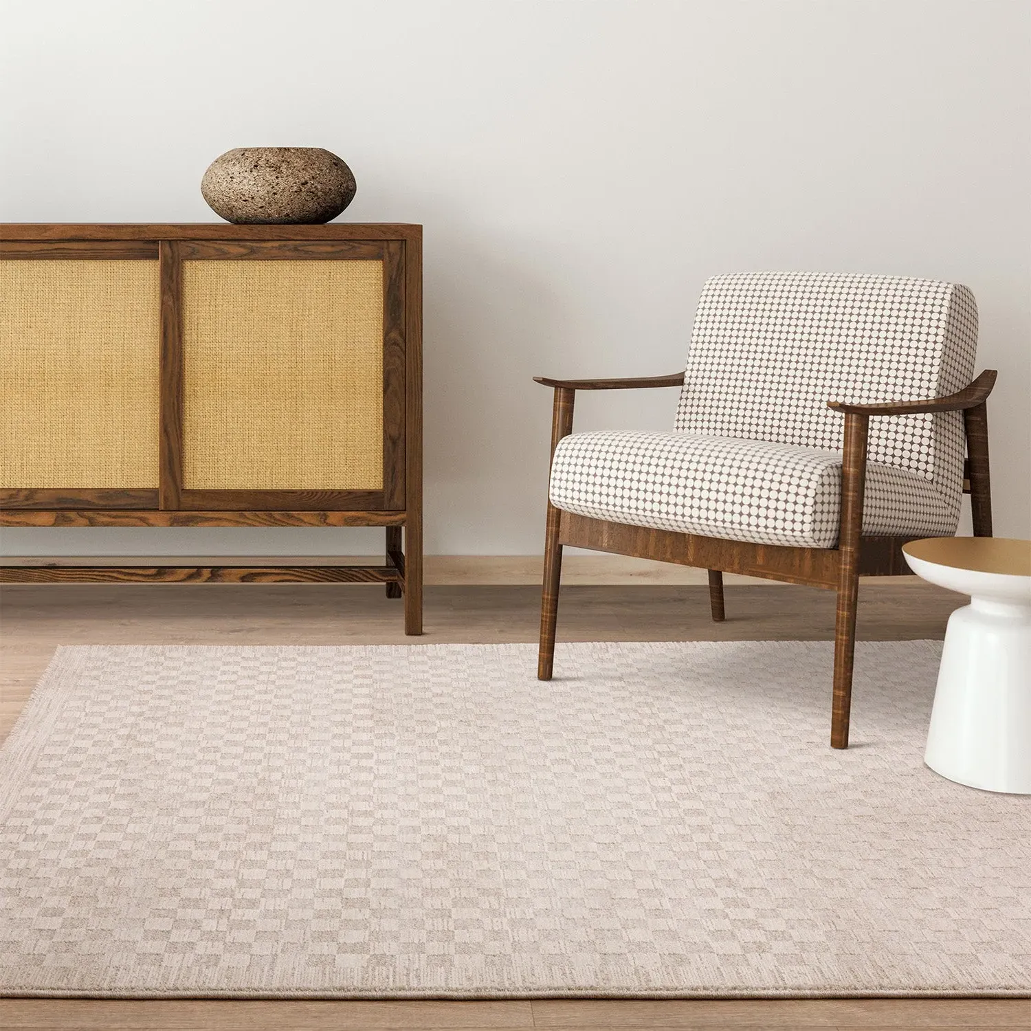 Abstract Rug with Fringe - Cream