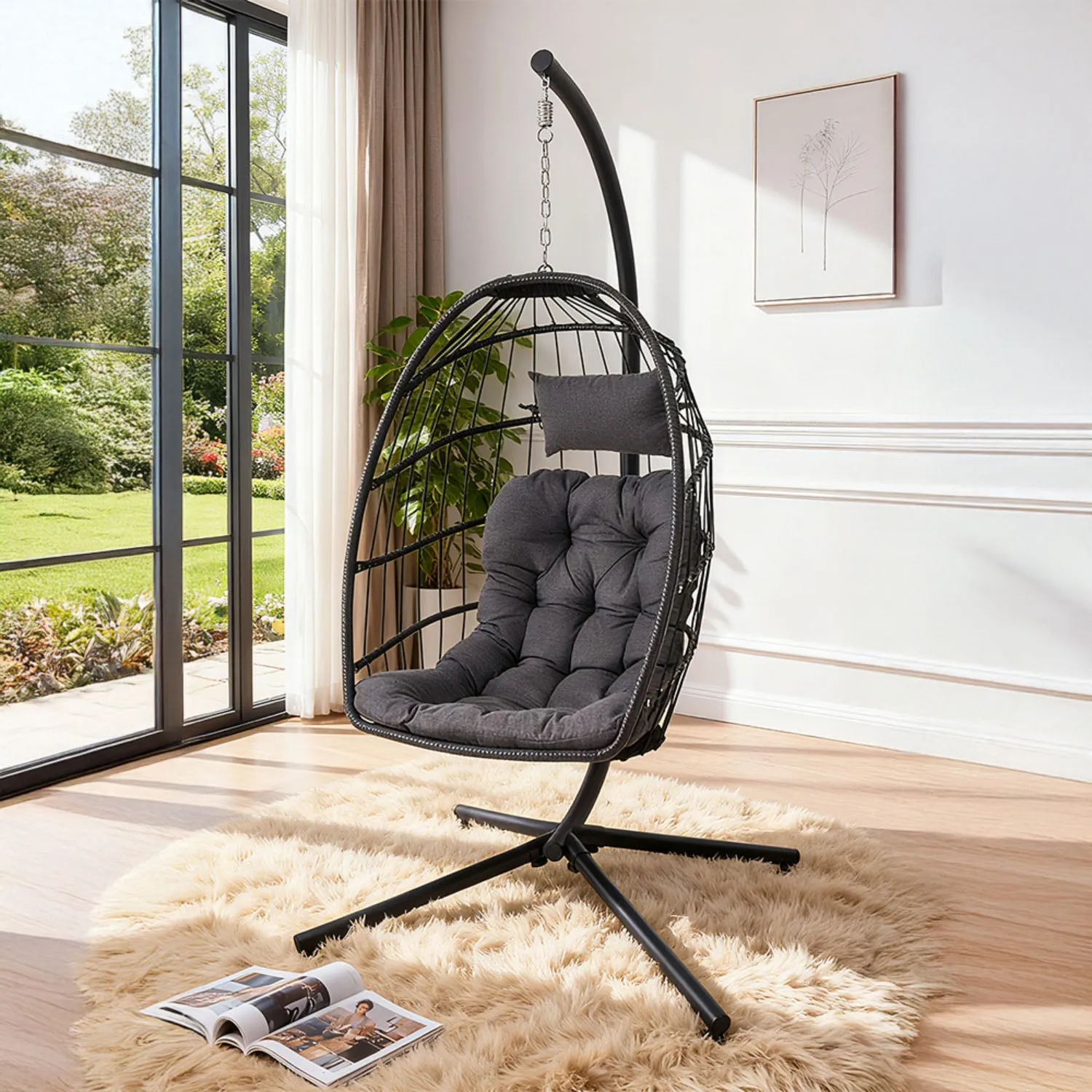 Adjustable Swing Hanging Egg Chair with Cushion - Black alternate view