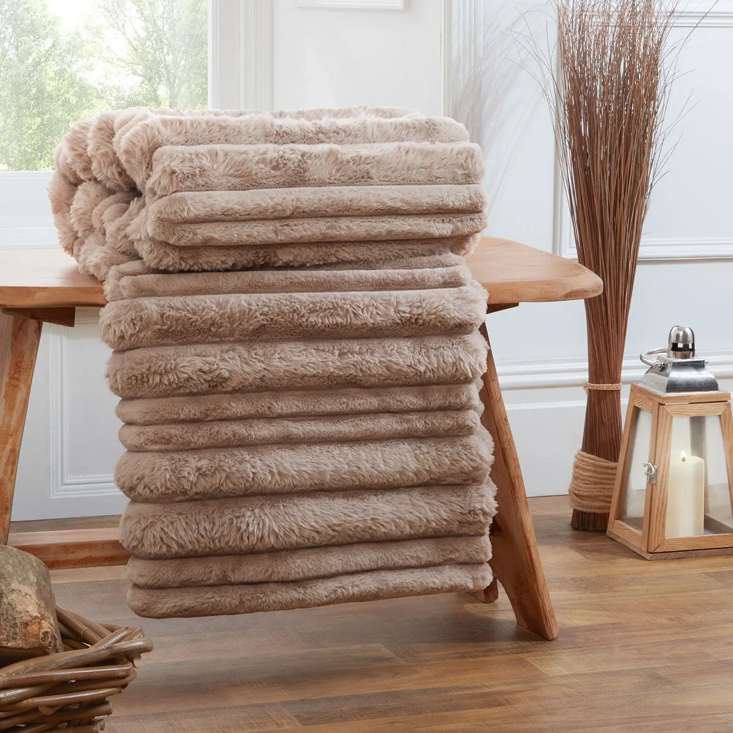 Alaska Faux Fur Ribbed Throw - Mink by Julian Charles