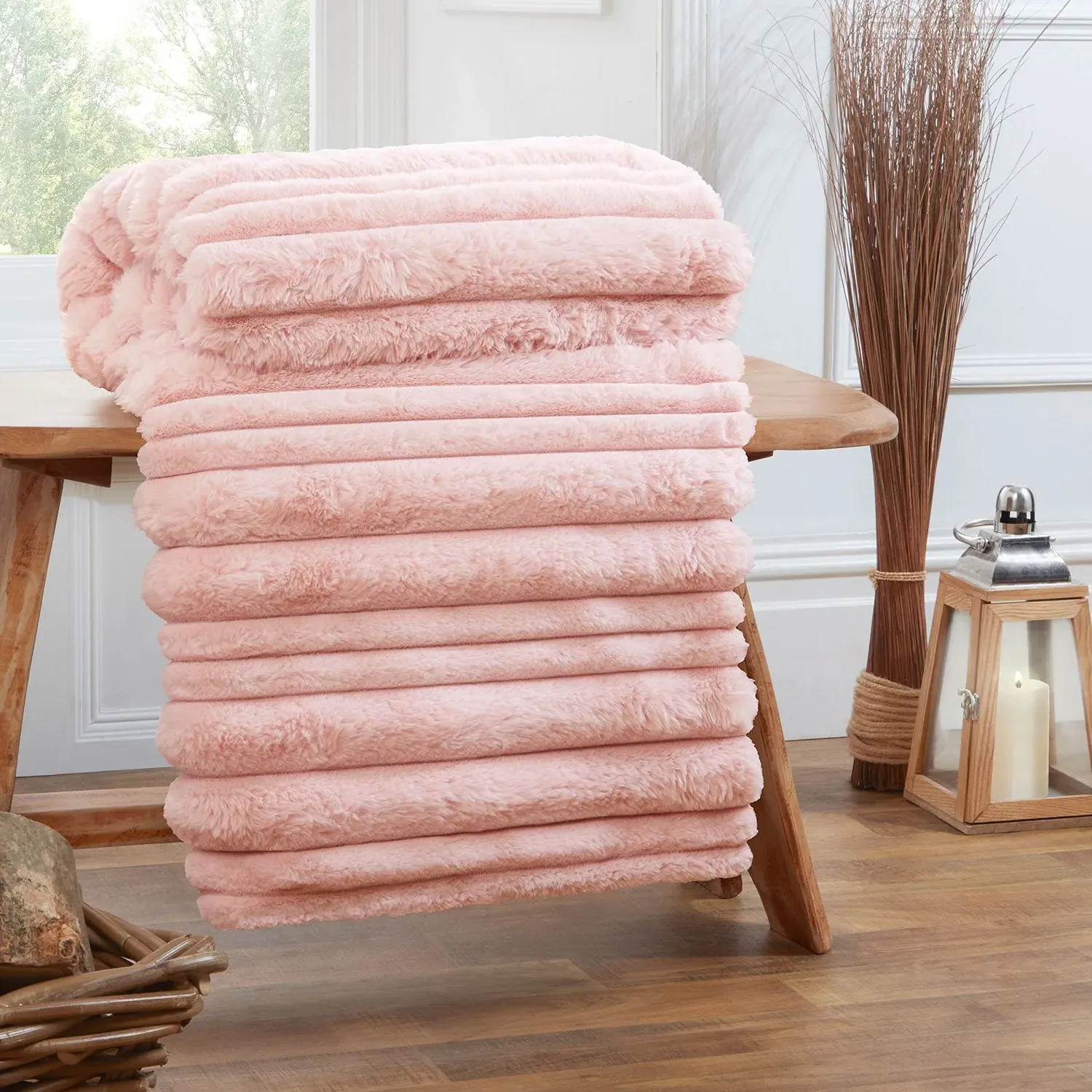 Alaska Faux Fur Ribbed Throw - Pink by Julian Charles