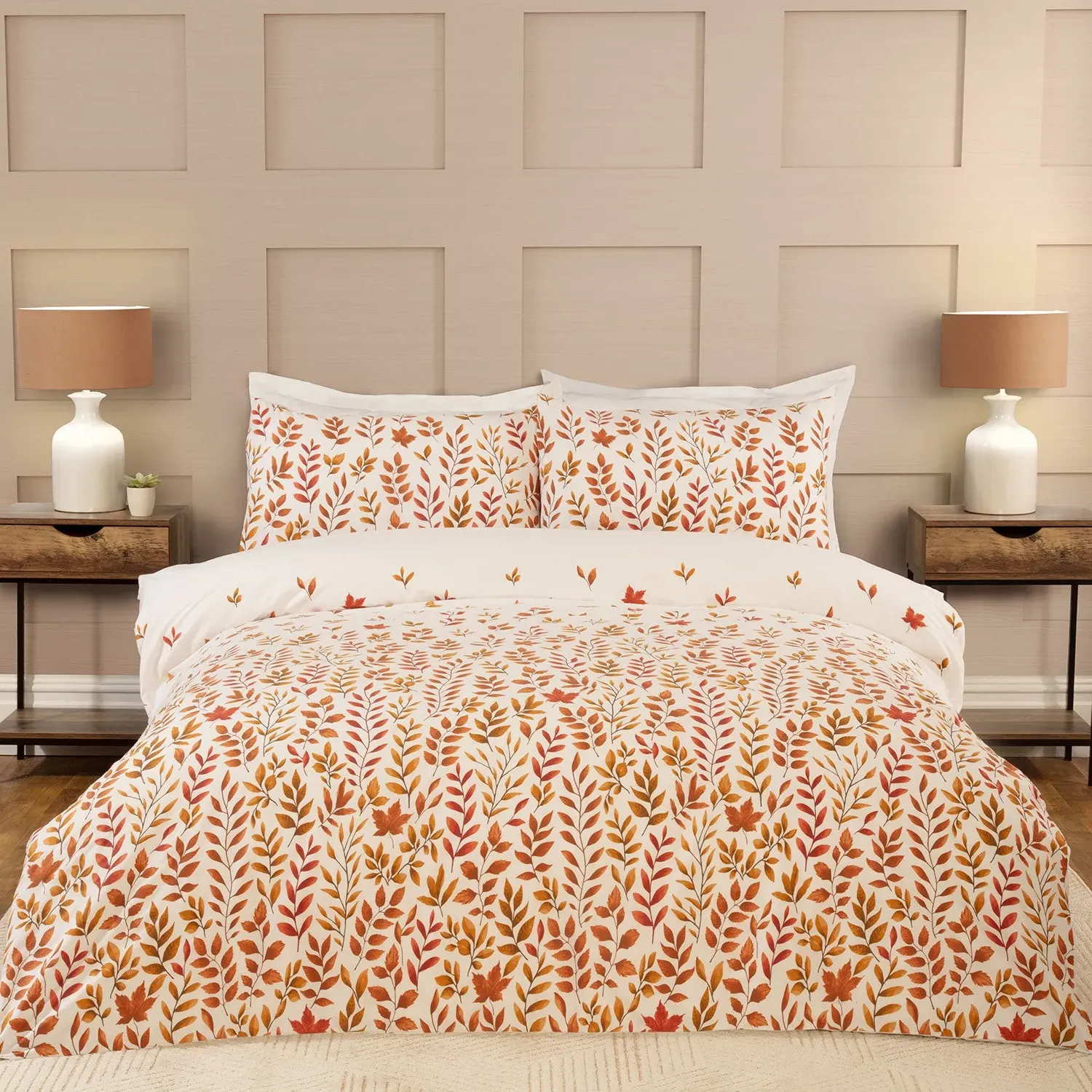 Amber Autumn Leaf King Size Duvet Set - Natural, Cotton by Julian Charles