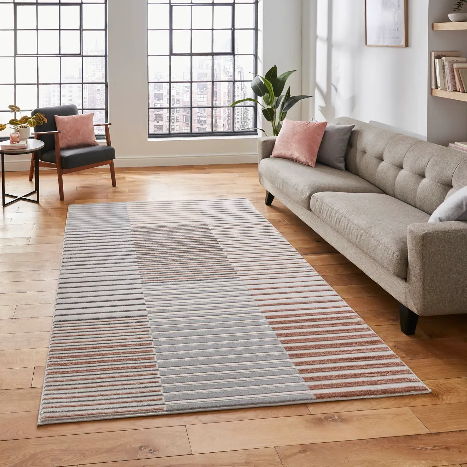 Stripe Rug with Abstract Pattern - Grey, Synthetic by Julian Charles