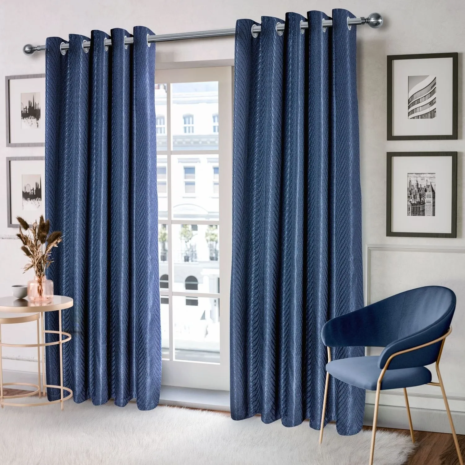 Aura Eyelet Curtains Jacquard Lined - Navy, Sateen product