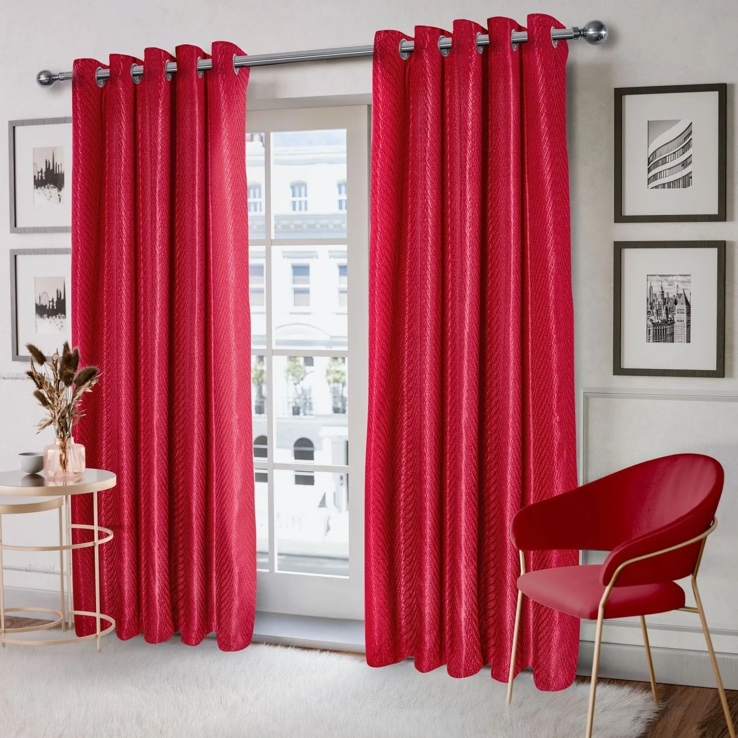 Aura Eyelet Curtains W117 x L137cm - Cranberry Red, Jacquard product