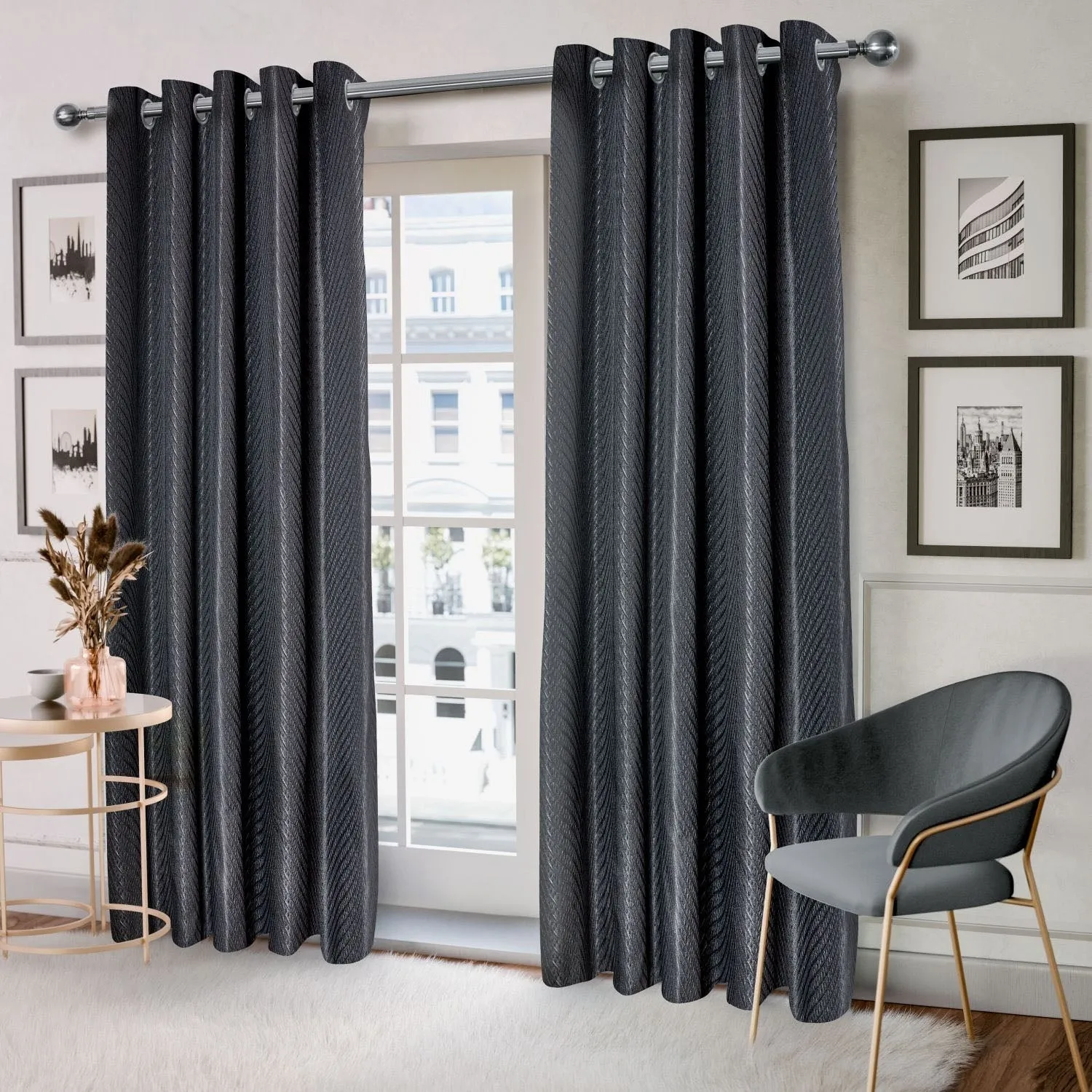 Aura Jacquard Eyelet Curtains W117cm x L137cm - Black product