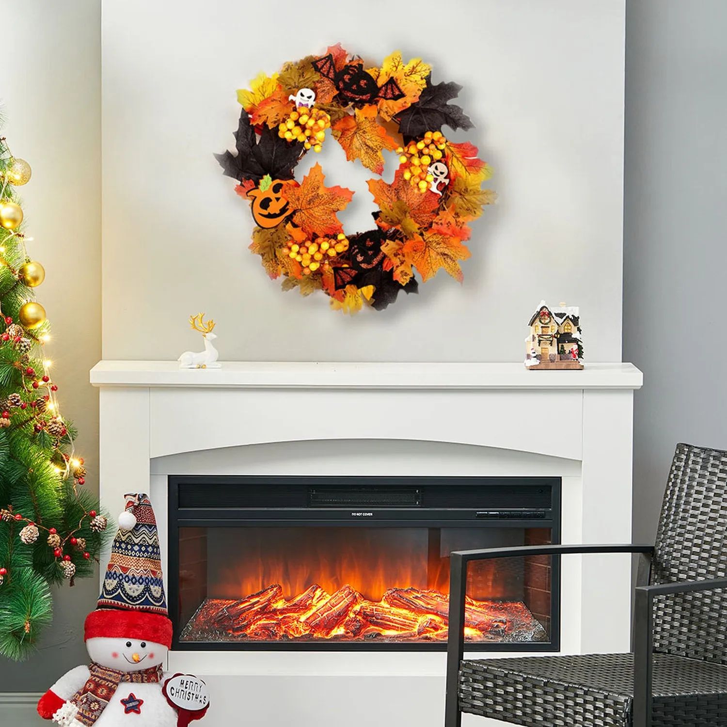 Autumn Harvest Halloween Door Wreath with Lights - Orange by Julian Charles, alternate view
