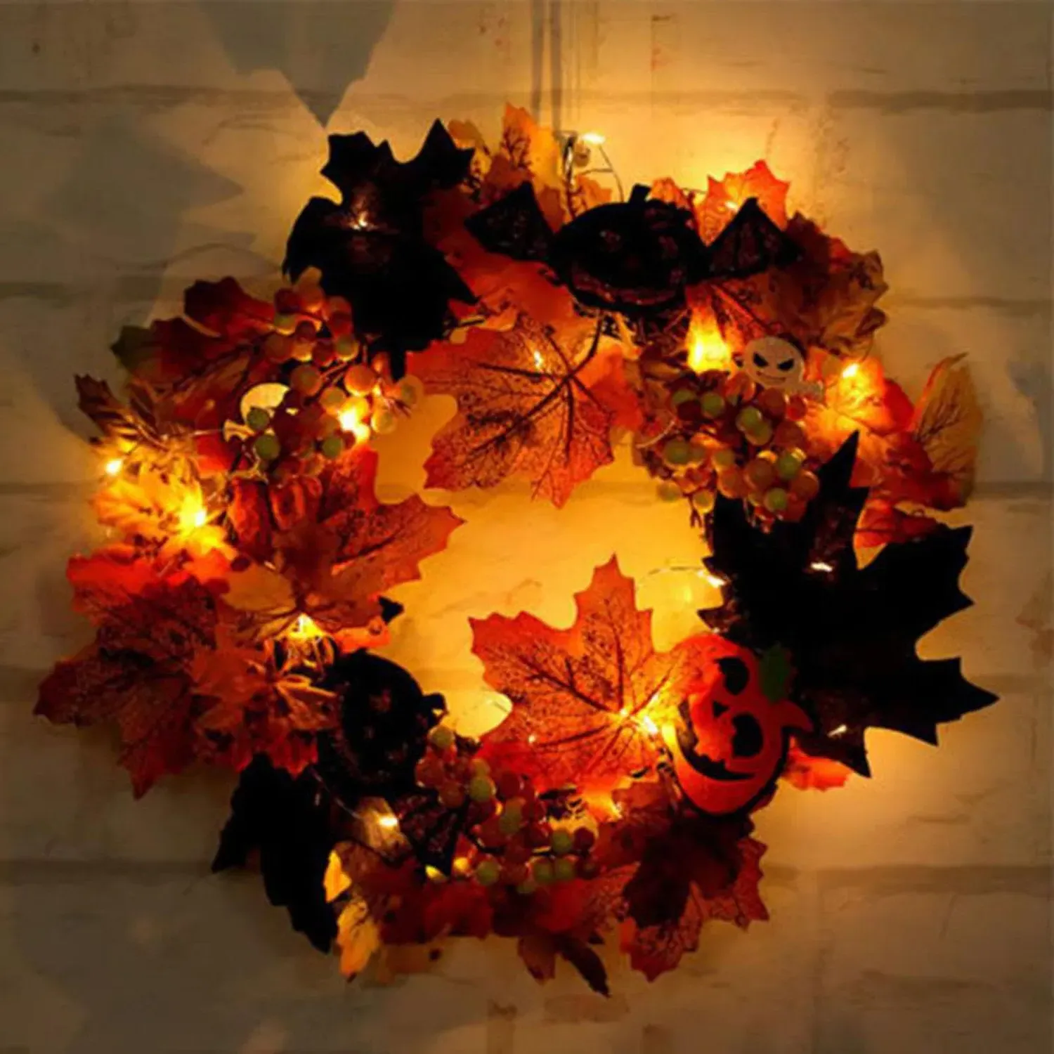 Autumn Harvest Halloween Door Wreath with Lights - Orange by Julian Charles