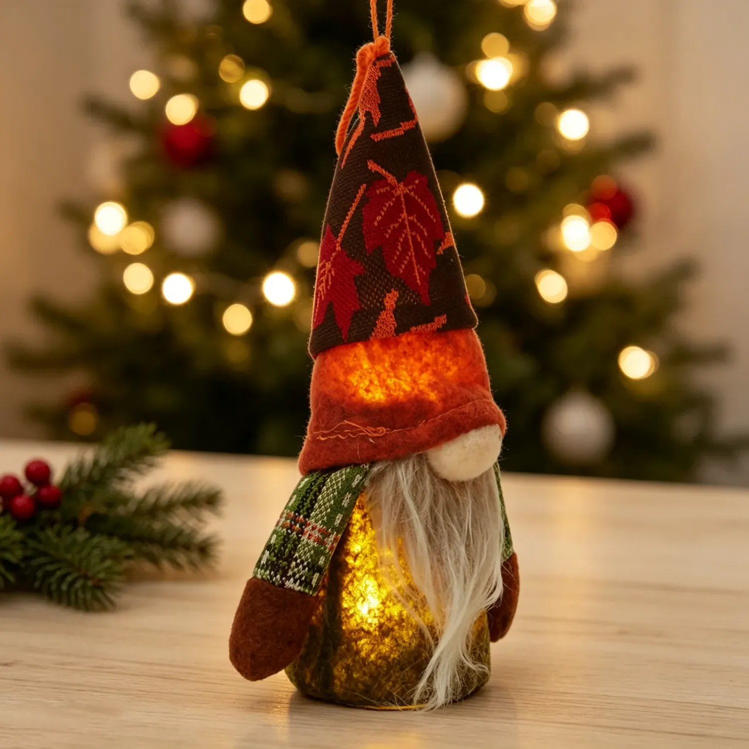 Autumn Harvest LED Maple Gnome Ornament - Orange by Julian Charles, alternate view