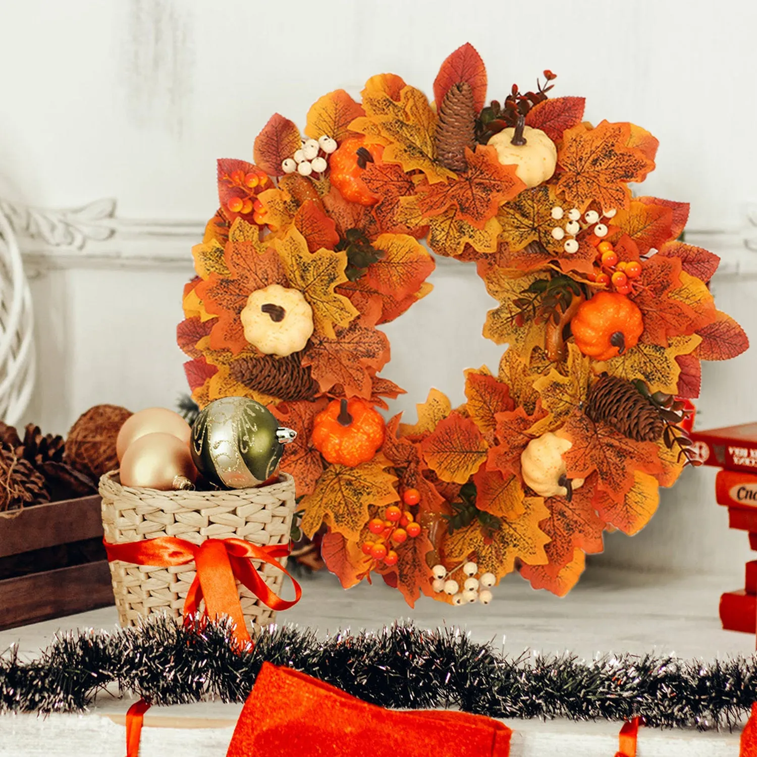 Autumn Harvest LED Wreath with Maple Leaves & Berries 45cm - Orange by Julian Charles