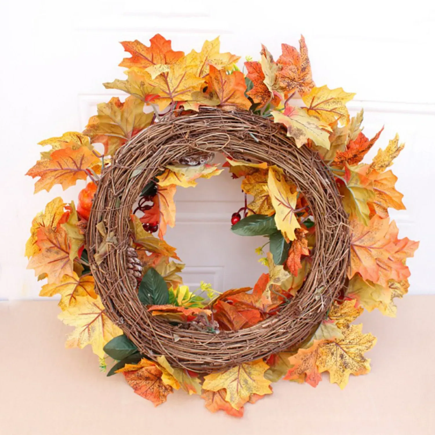Autumn Harvest LED Wreath with Maple Leaves & Pinecones 50cm - Orange by Julian Charles, image 2