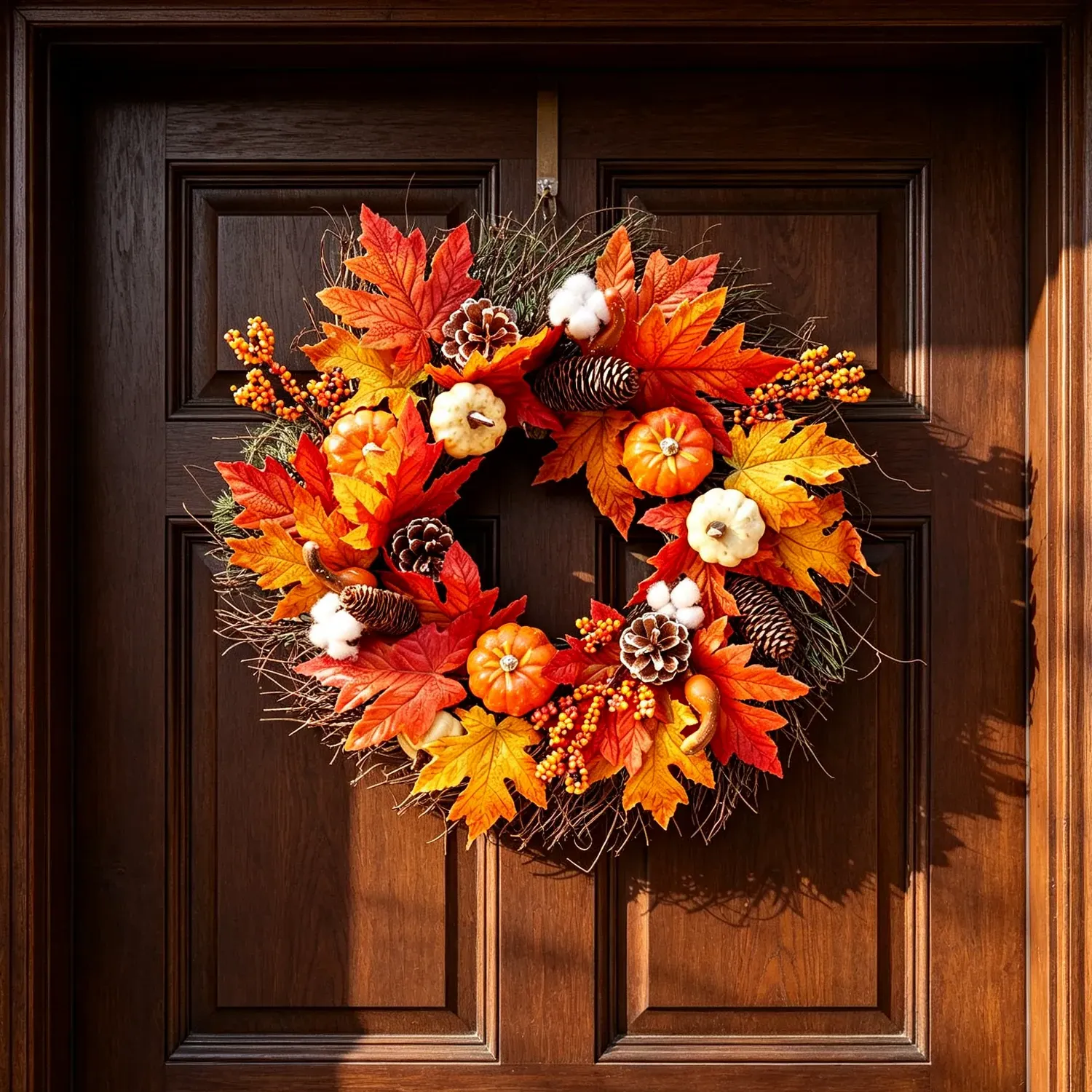 Autumn Harvest LED Wreath with Maple Leaves & Pumpkins 55cm - Orange by Julian Charles, image 2