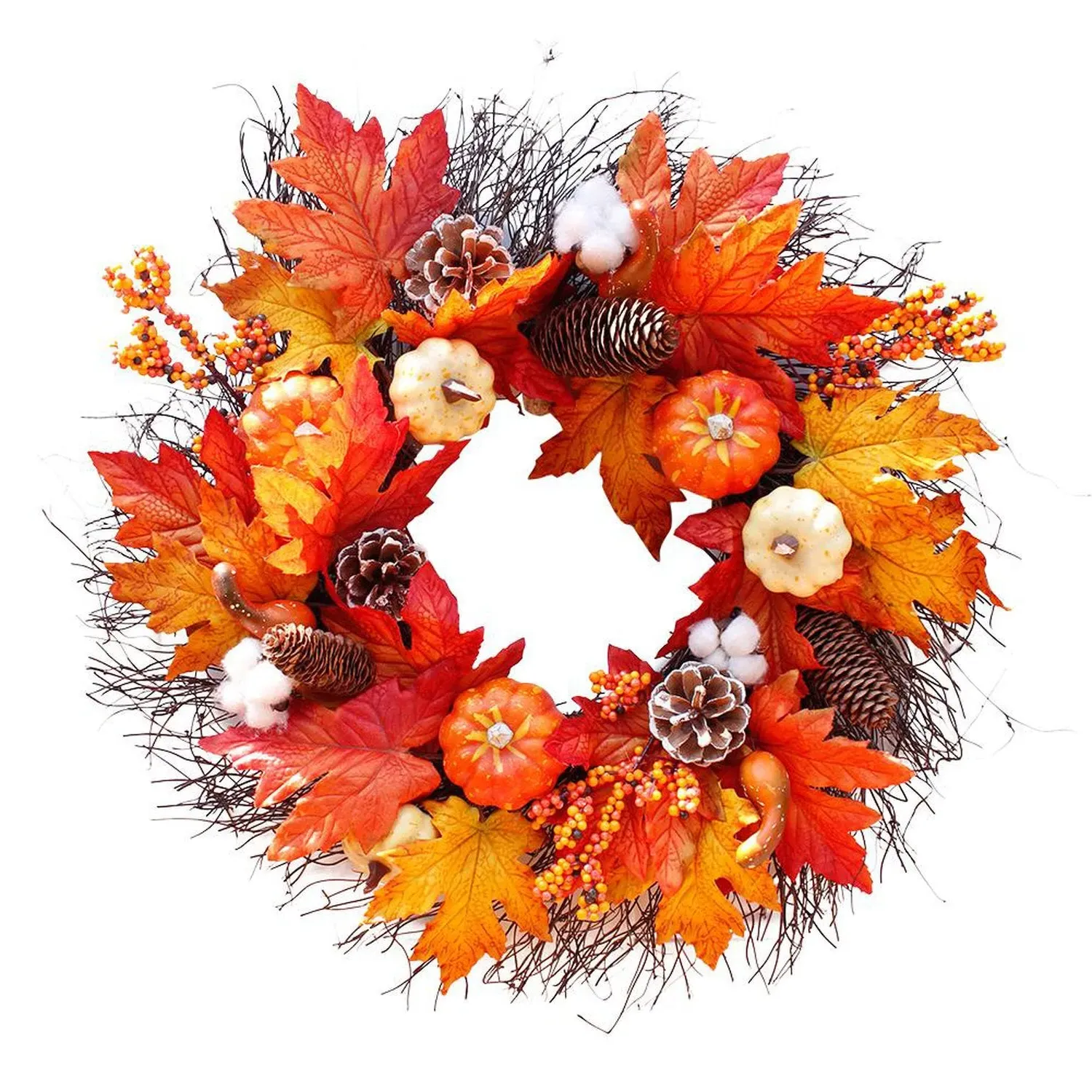Autumn Harvest LED Wreath with Maple Leaves & Pumpkins 55cm - Orange by Julian Charles