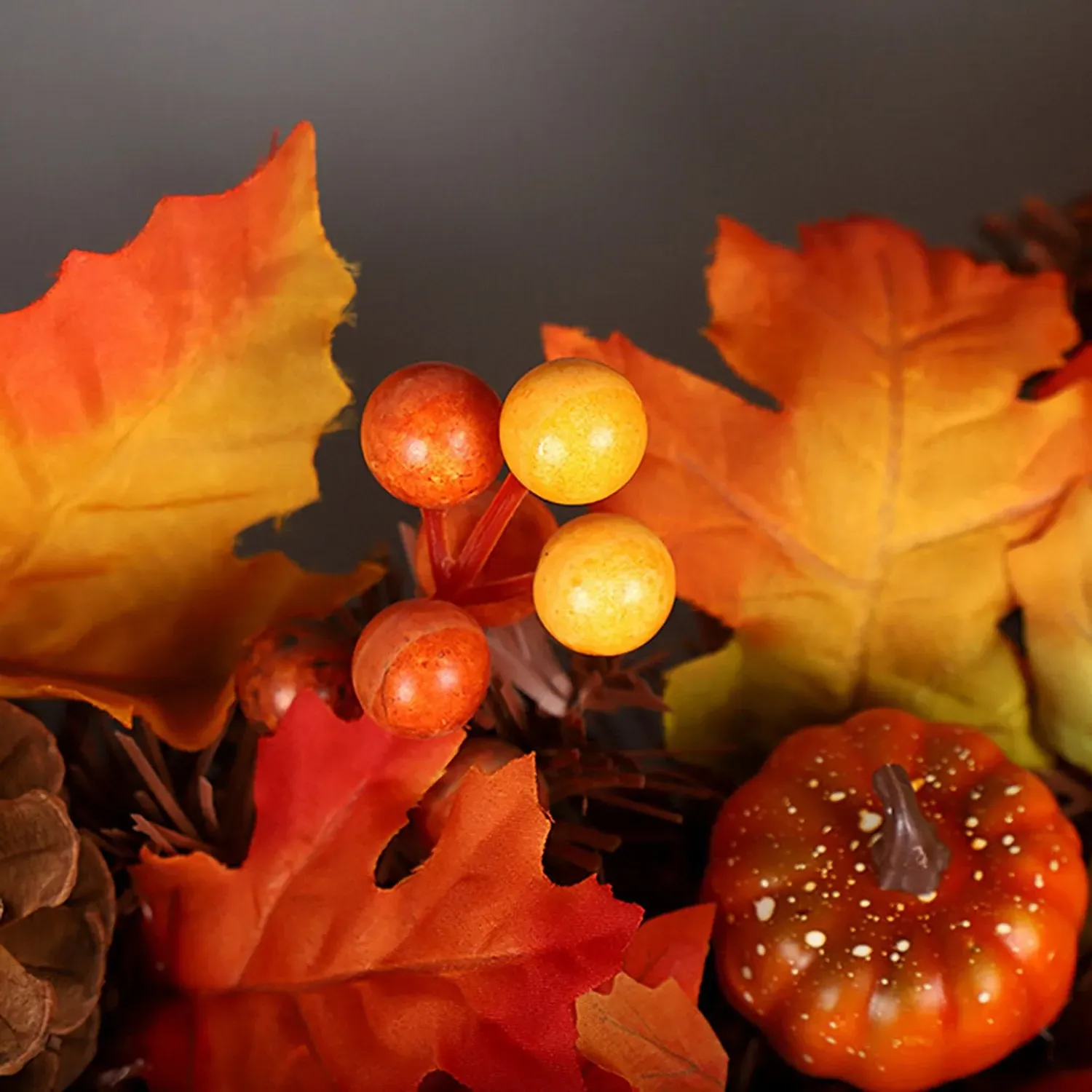 Autumn Harvest LED Wreath with Maple Leaves & Pumpkins 60cm - Orange by Julian Charles, image 2