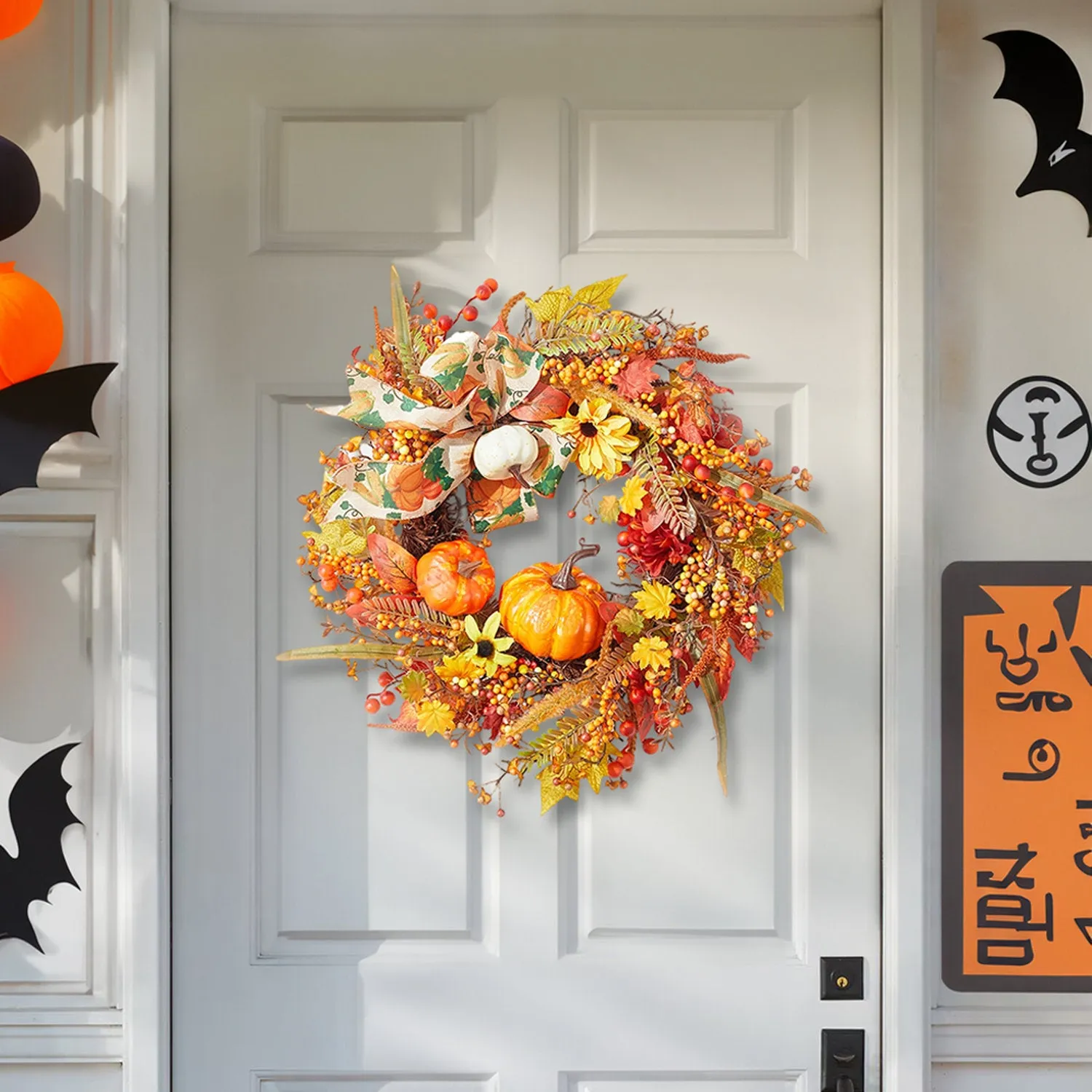 Autumn Harvest Pumpkin Maple Leaves Wreath 50cm - Orange by Julian Charles, alternate view