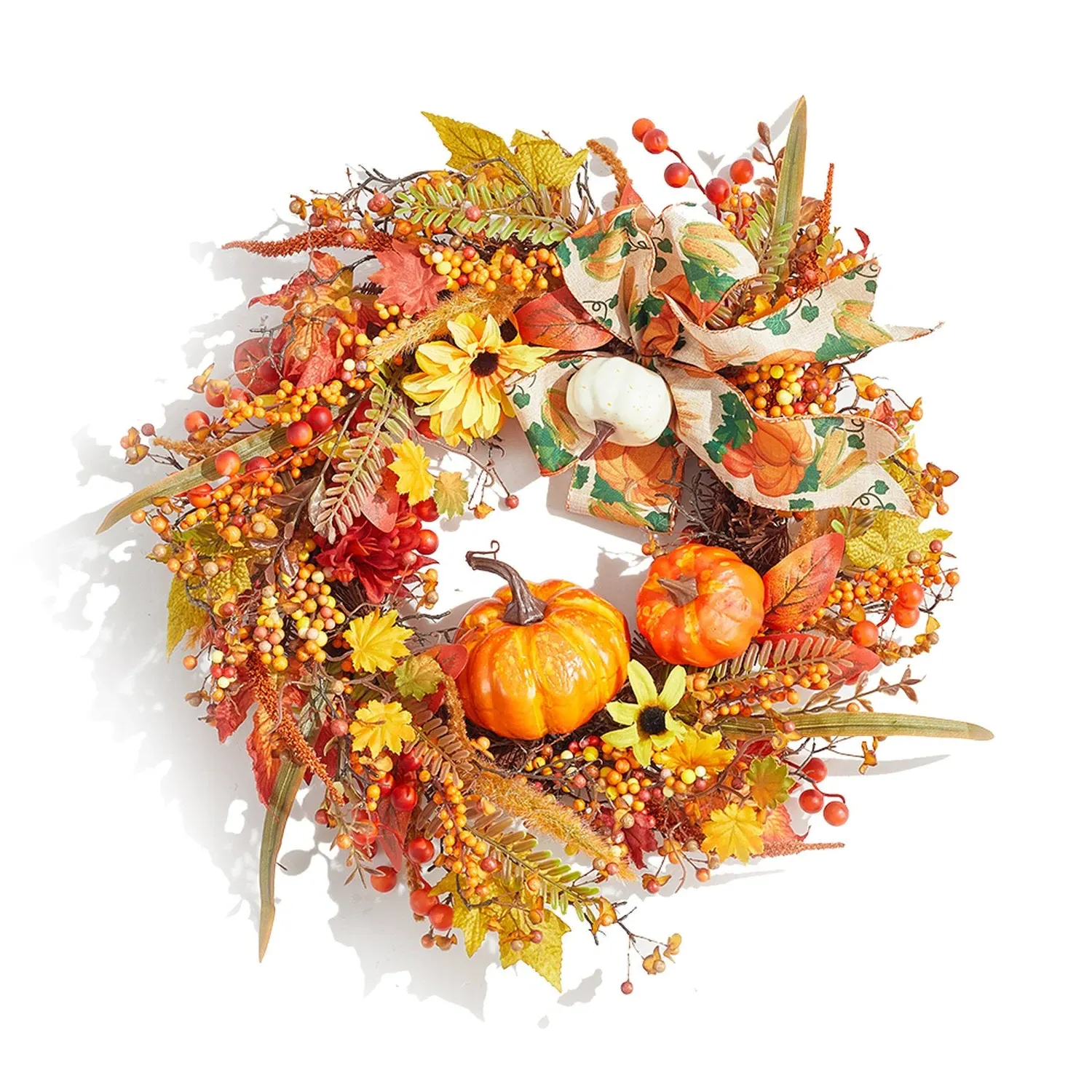 Autumn Harvest Pumpkin Maple Leaves Wreath 50cm - Orange by Julian Charles