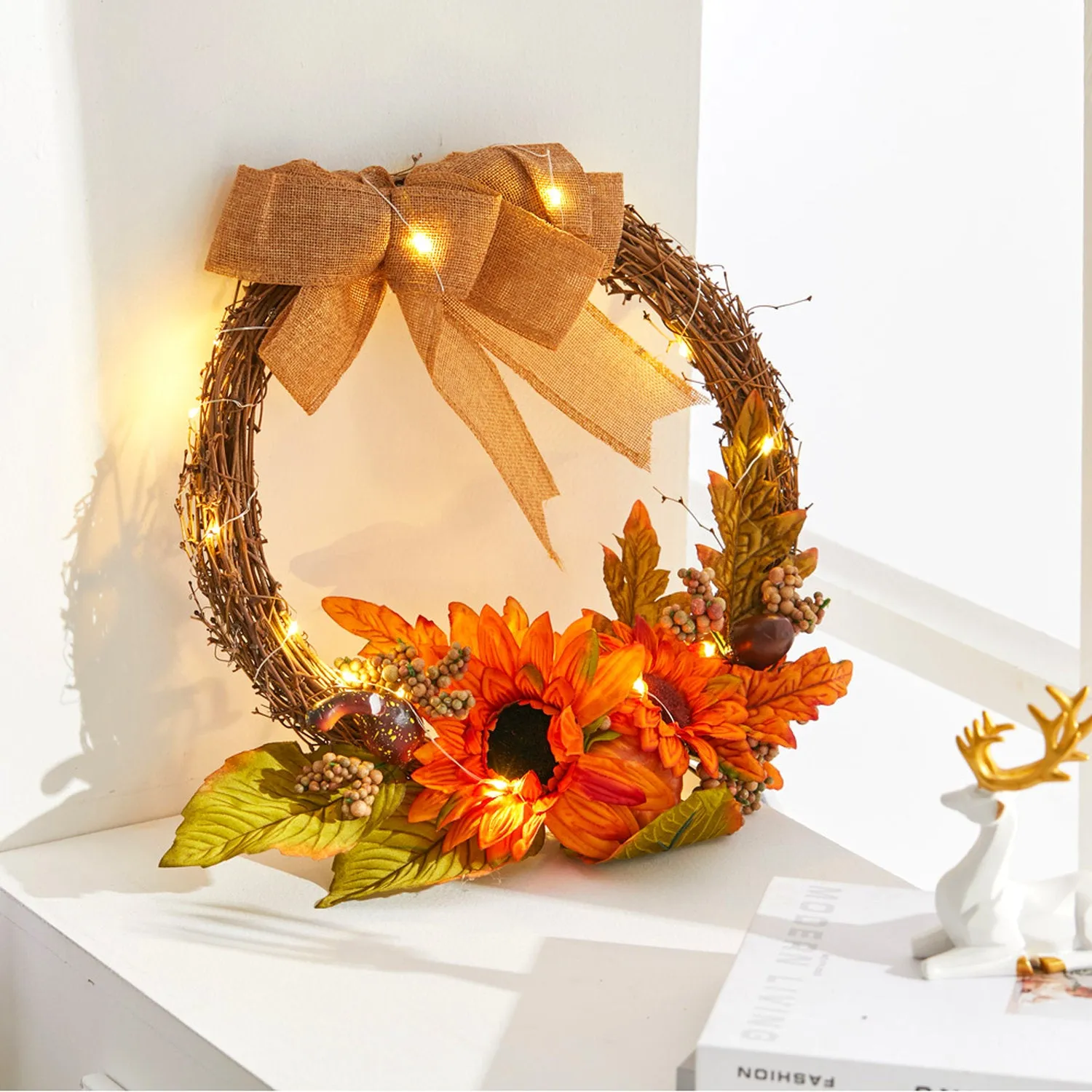 Autumn Sunflower Wreath with Wire Lights 35cm - Orange by Julian Charles