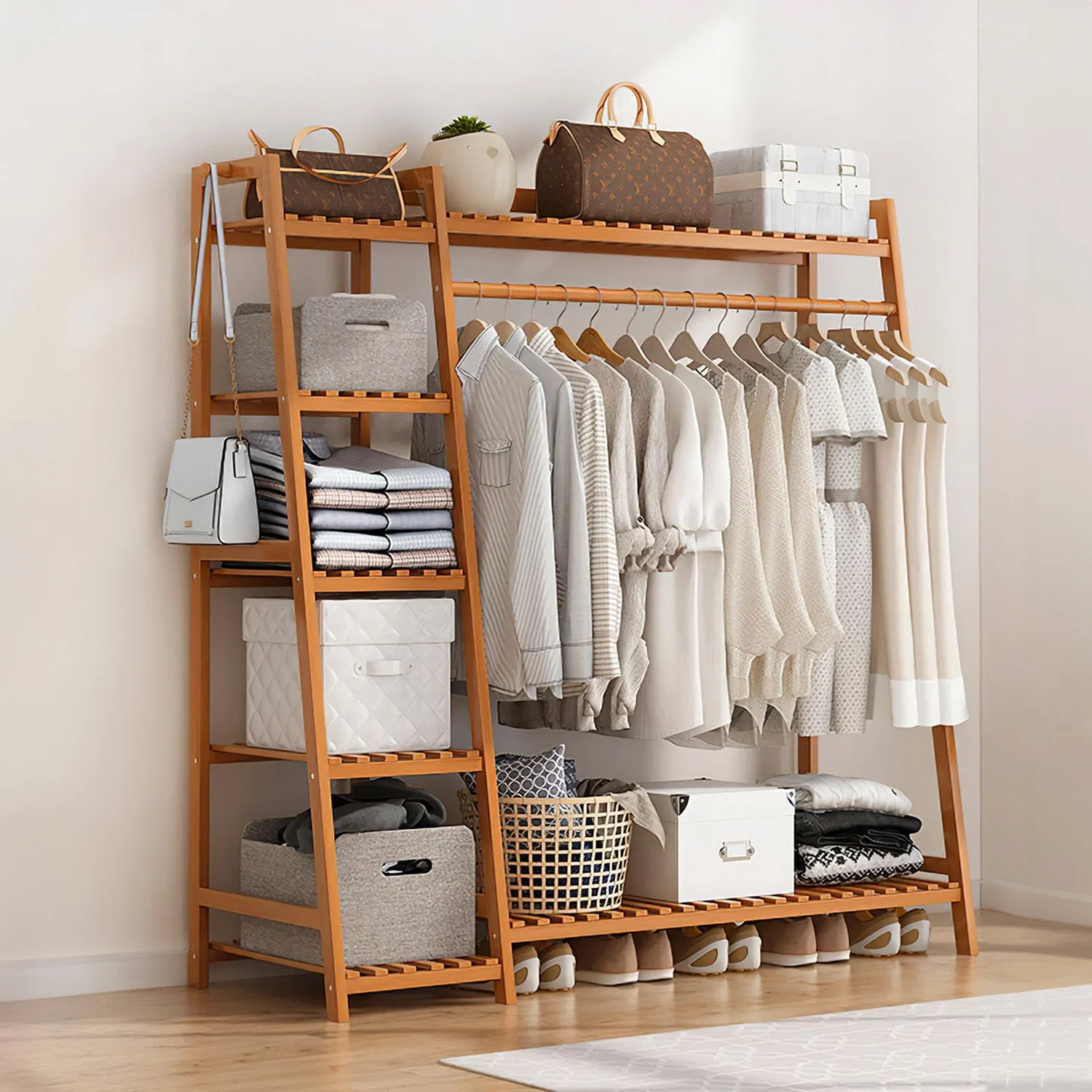 Bamboo 7-Tier Clothing Rack with Hooks - Brown by Julian Charles