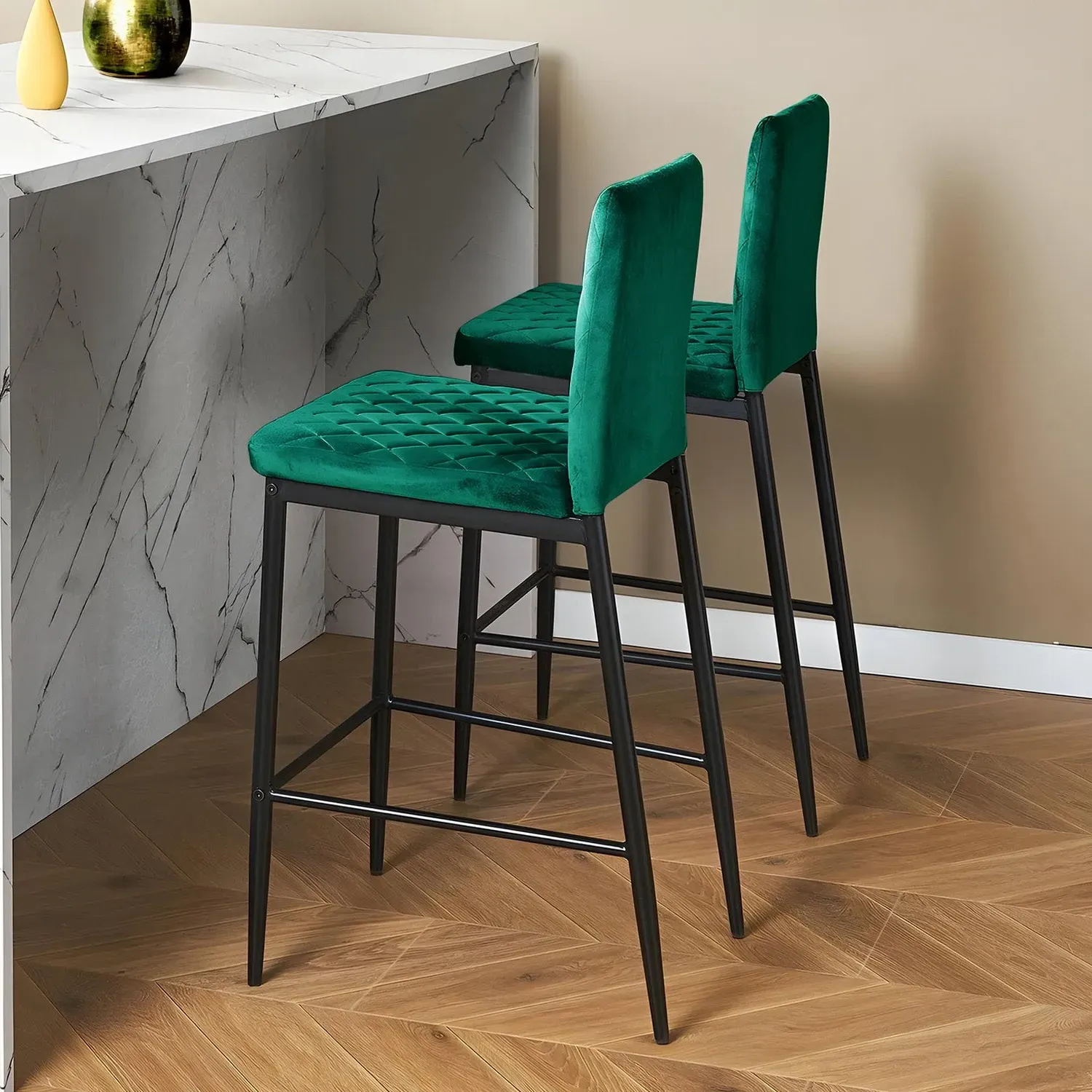 Bar Stool with Quilted Backrest (Set of 2) - Green, Velvet by Julian Charles, image 2
