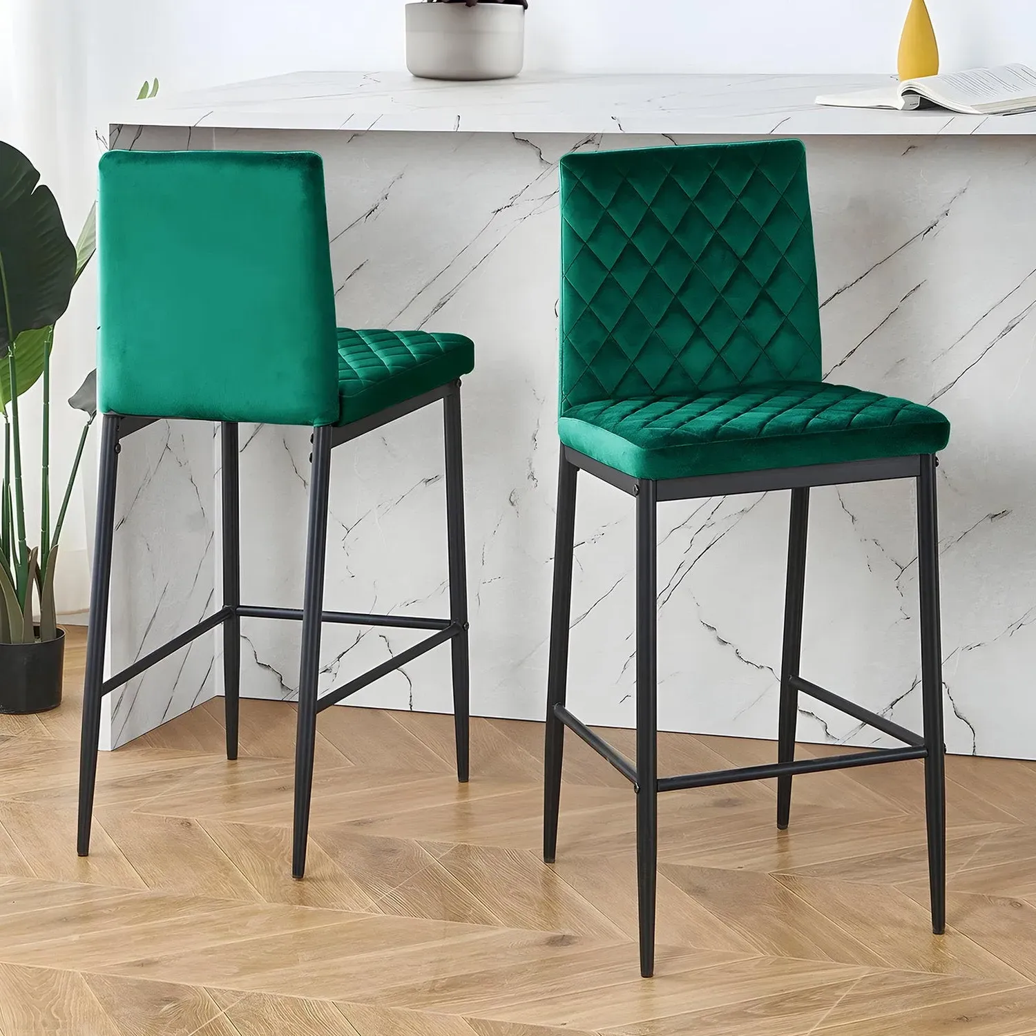 Bar Stool with Quilted Backrest (Set of 2) - Green, Velvet by Julian Charles